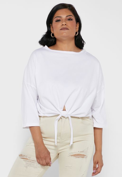 White Plus Tie Front Cropped T-shirt