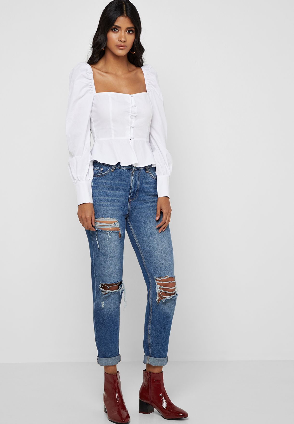 missguided square neck peplum top in white