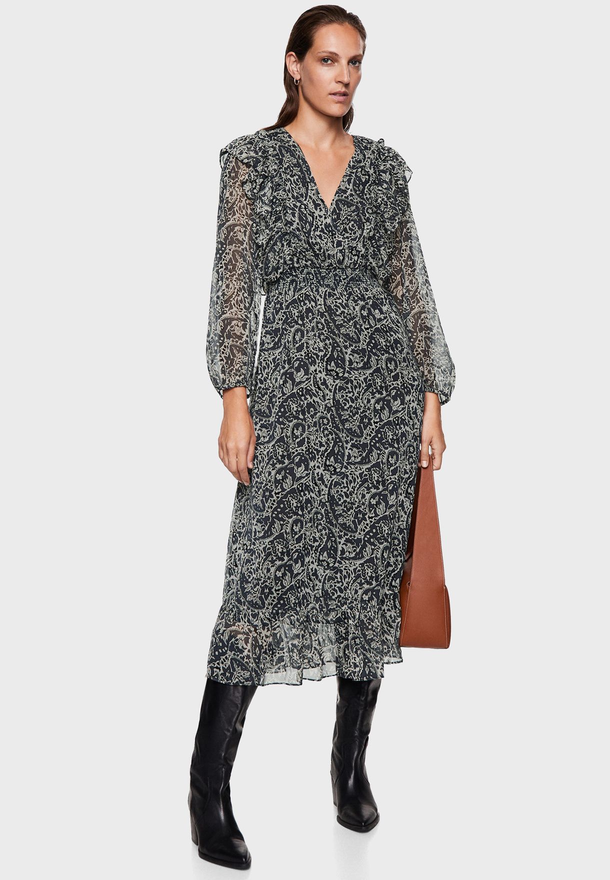 Side Slit Puff Sleeve Printed Dress