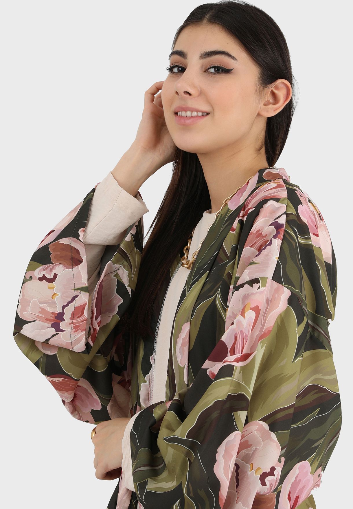 Floral Print Belt Detail Kimono