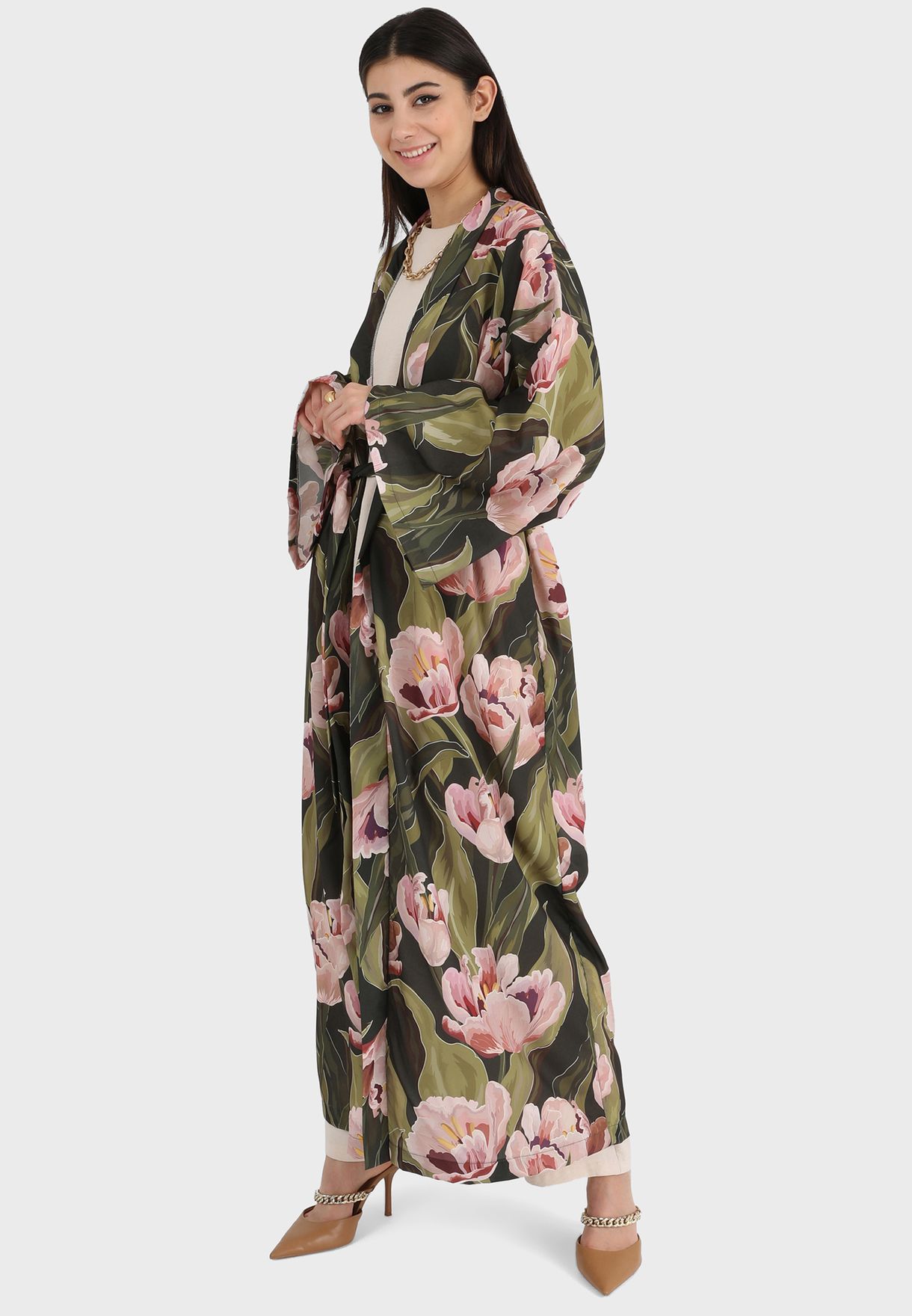 Floral Print Belt Detail Kimono