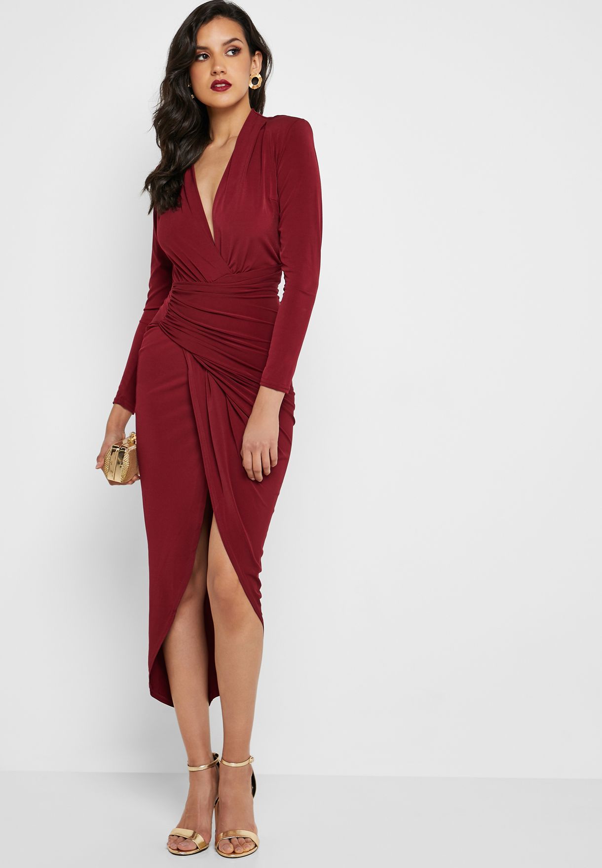 Buy John Zack red Slinky Ruched Wrap Dress for Women in MENA, Worldwide
