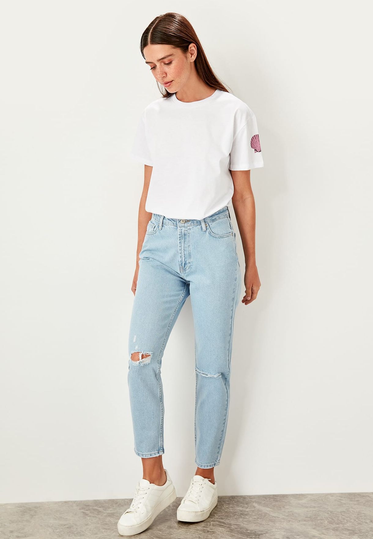one knee cut jeans