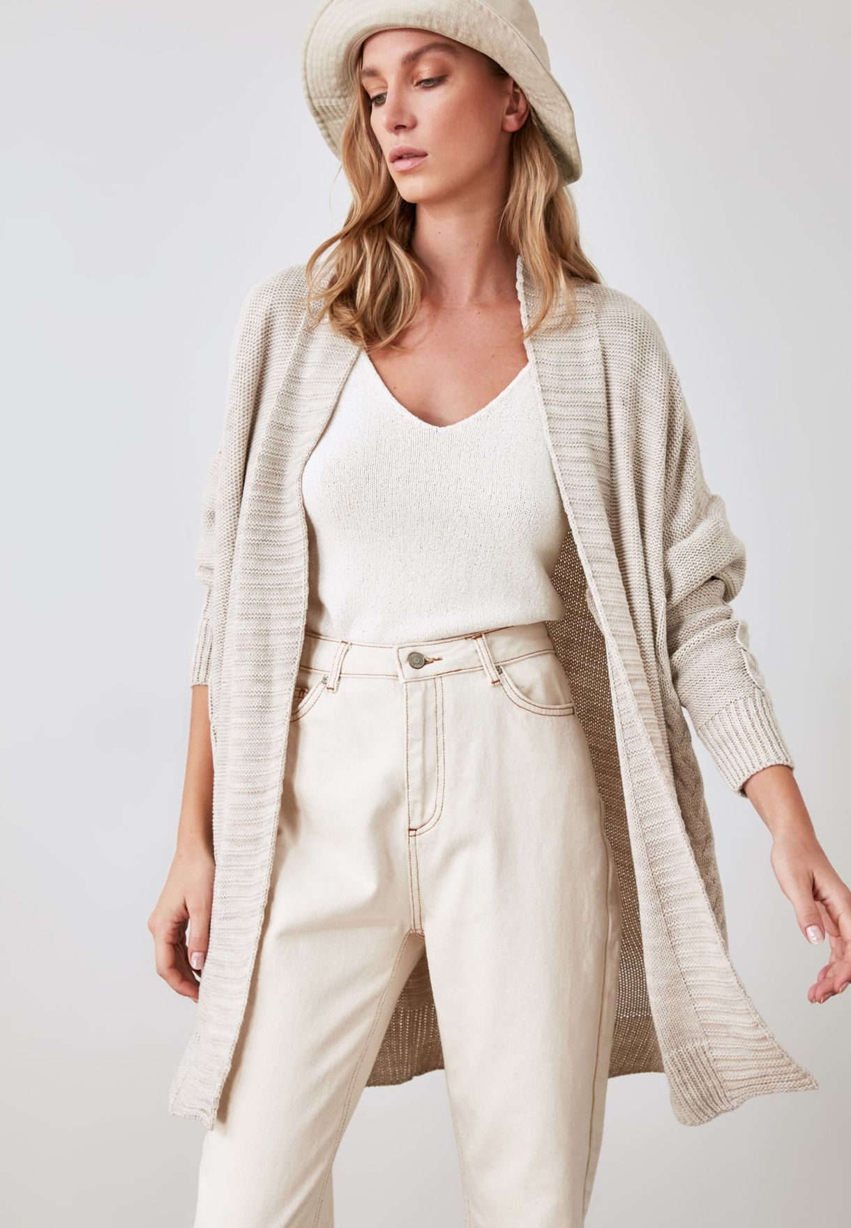 beige balloon sleeve cardigan