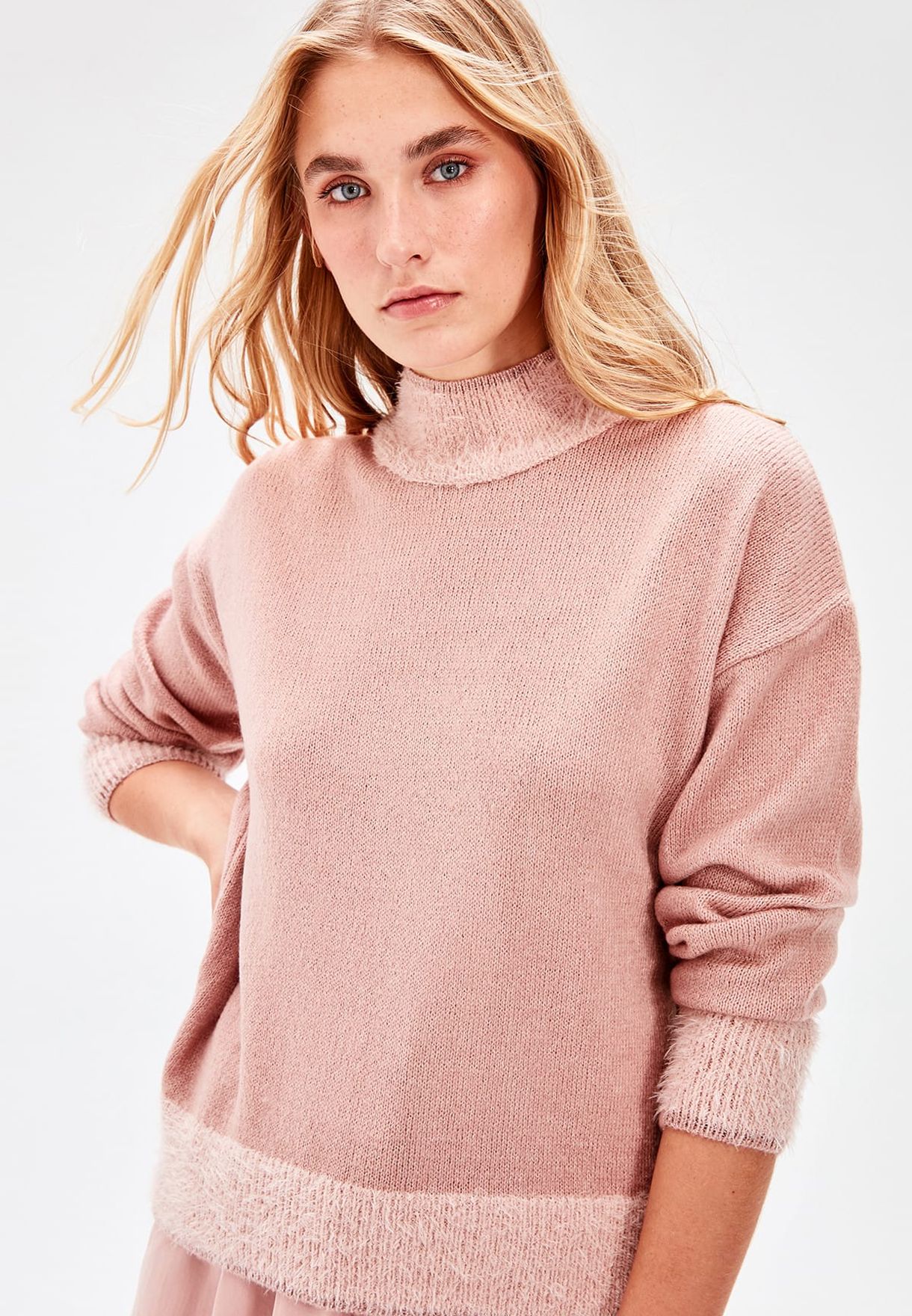 high neck pink sweater