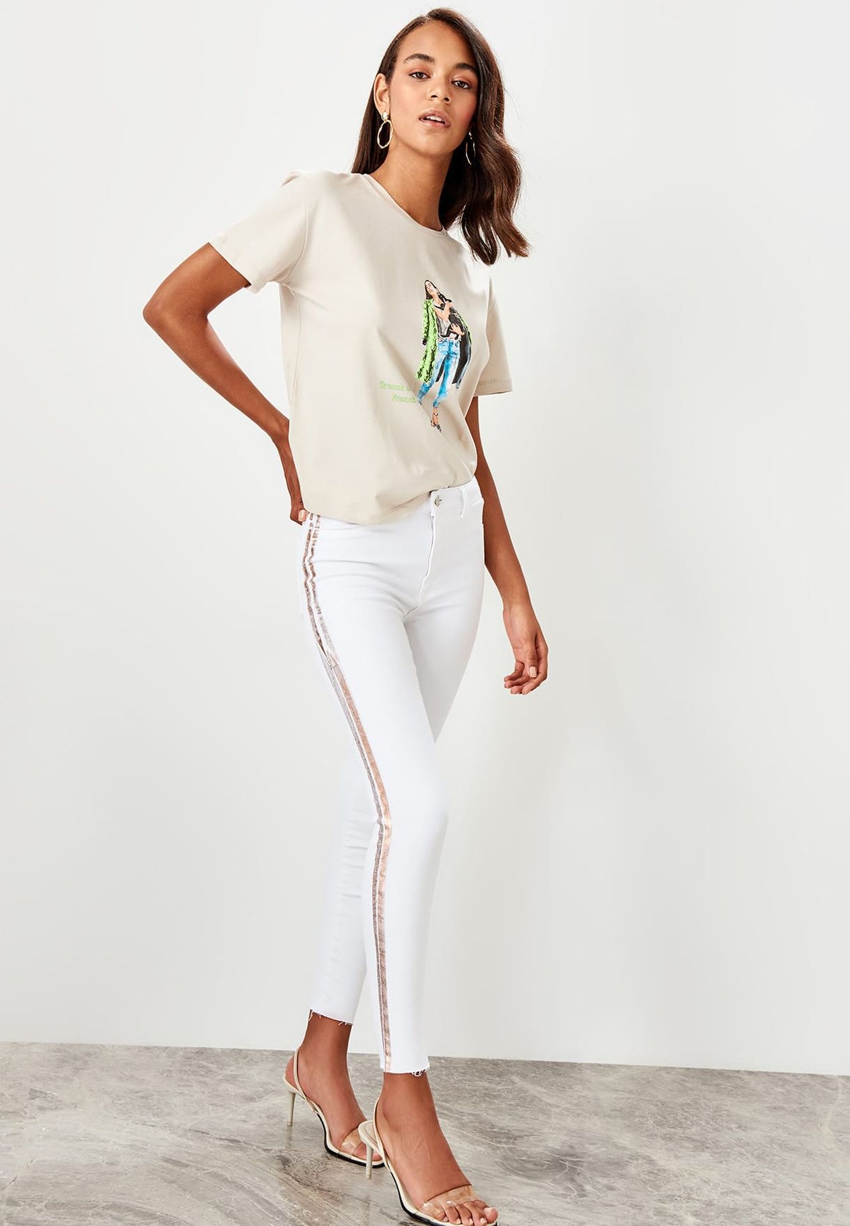white jeans with side stripe