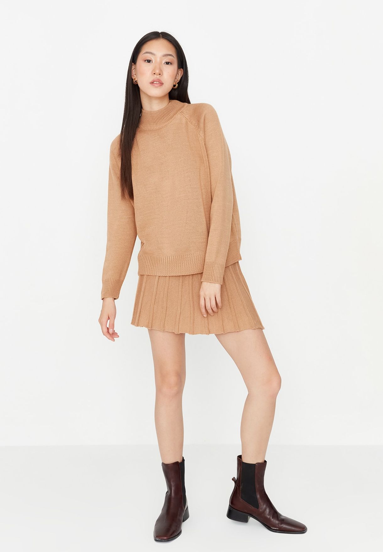 High Neck Sweater & Pleated Skirt Set