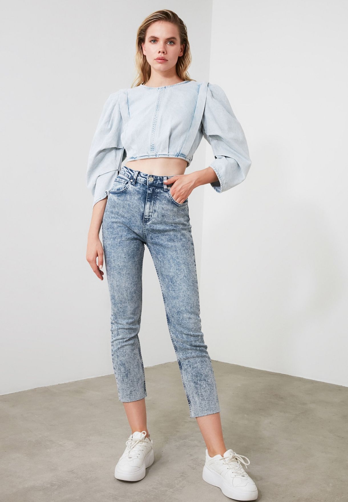 blue raw hem jeans