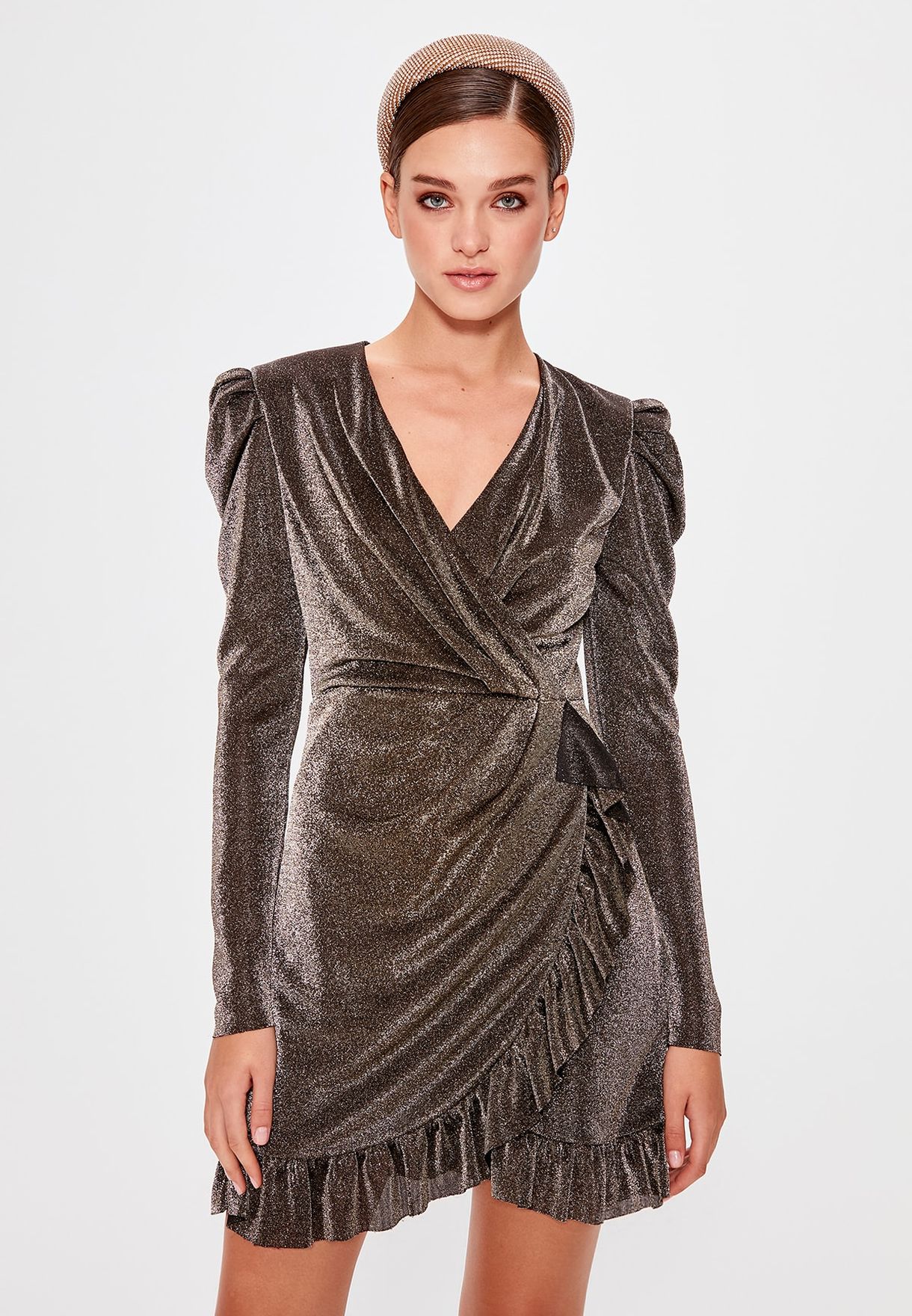 Buy Trendyol bronze Ruffle Detail Shimmer Wrap Dress for Women in MENA,  Worldwide