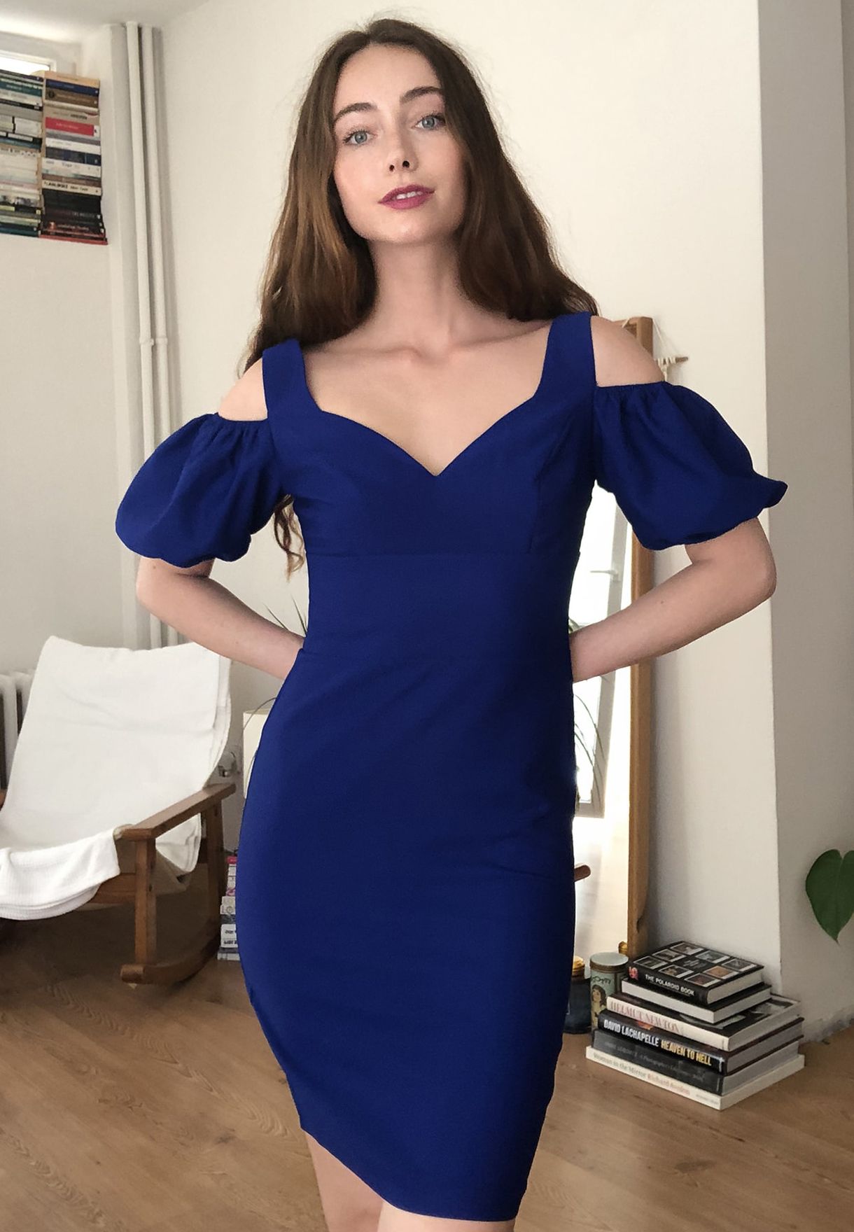 cobalt blue cold shoulder dress