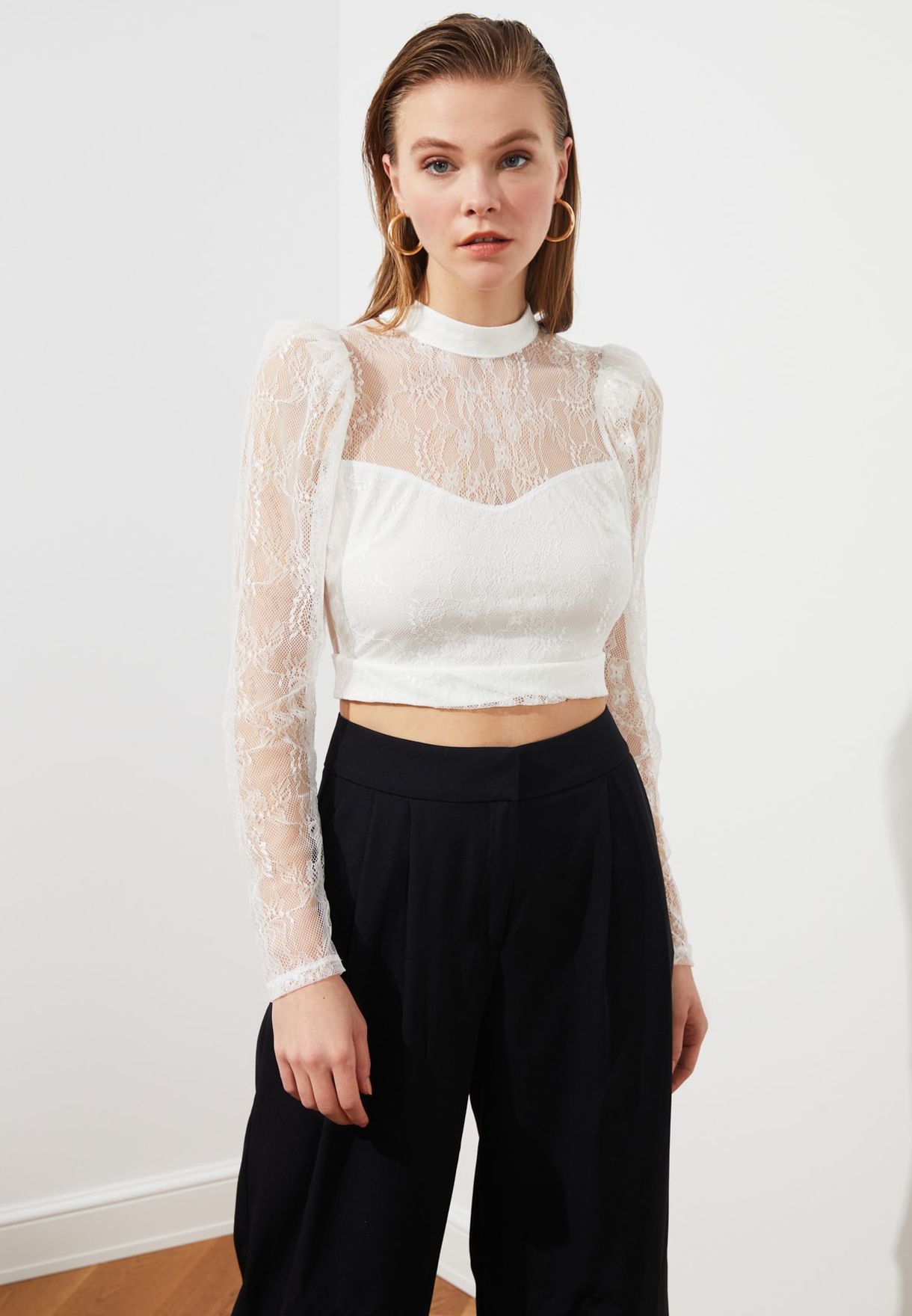 Buy Trendyol white Lace High Neck Crop 