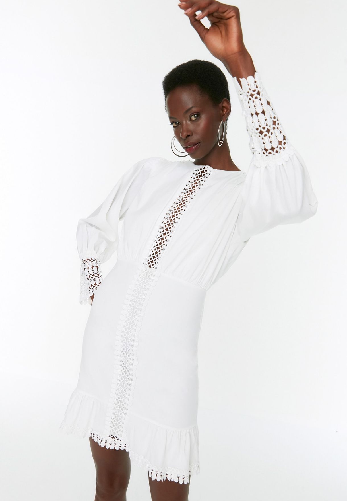 Buy Trendyol white Lace Trim Pom Pom Detail Dress for Women in MENA ...