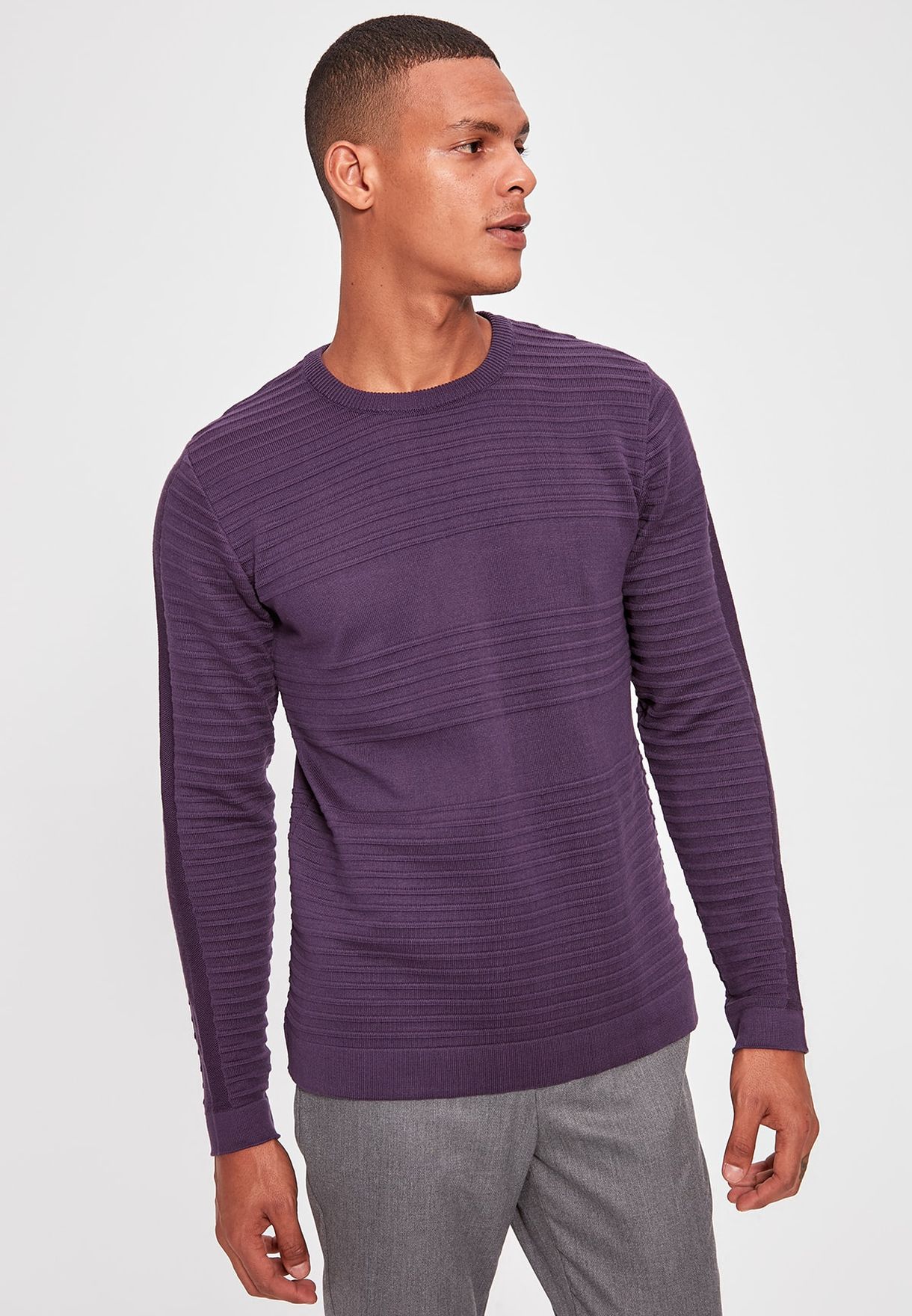 purple ribbed sweater