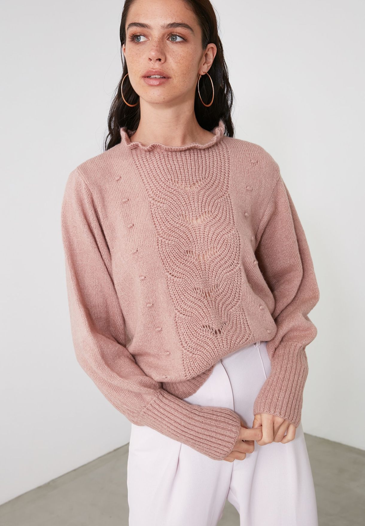 Buy Trendyol pink Ruffle Knit detail Sweater for Women in MENA, Worldwide