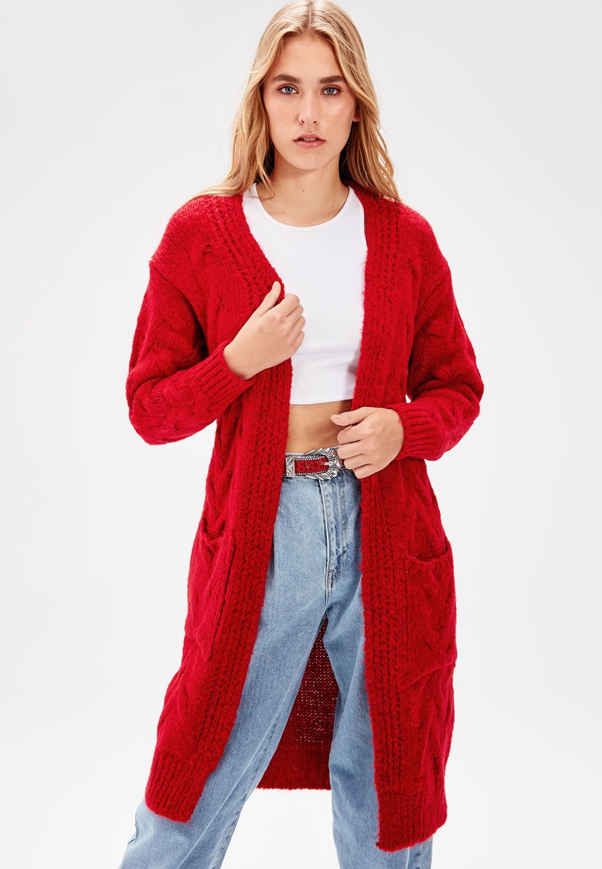 red longline cardigan