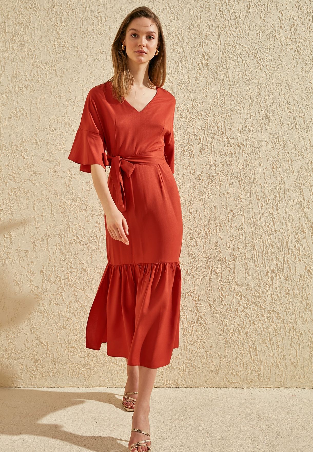 red ruffle hem dress