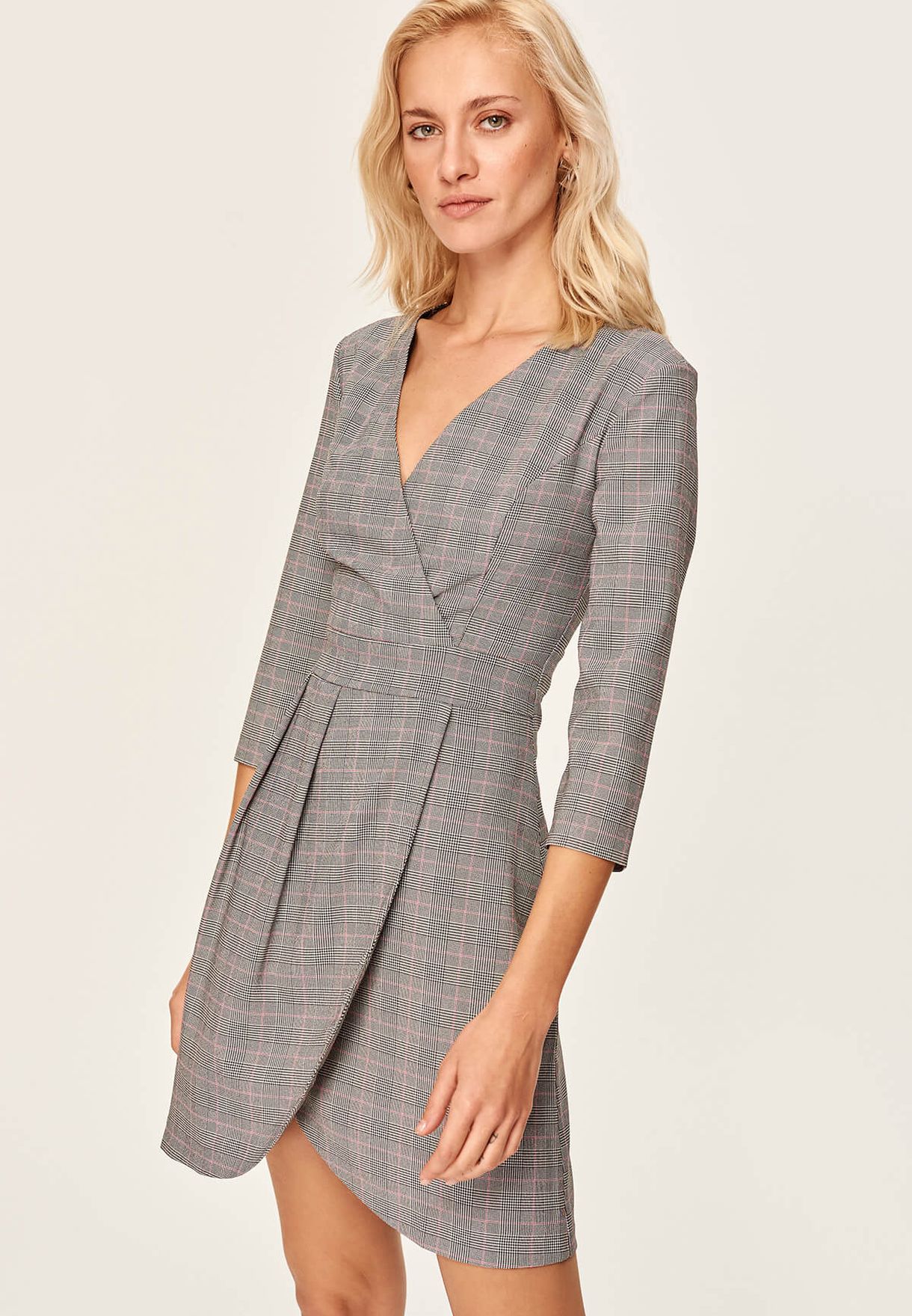 checked wrap dress