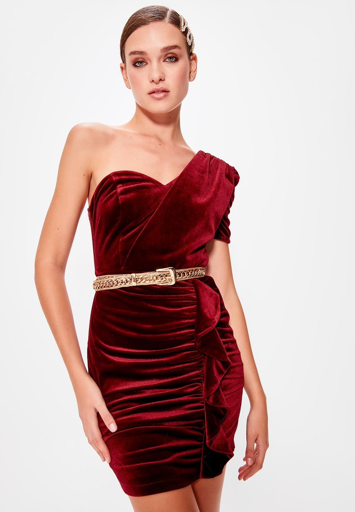 one sleeve burgundy dress