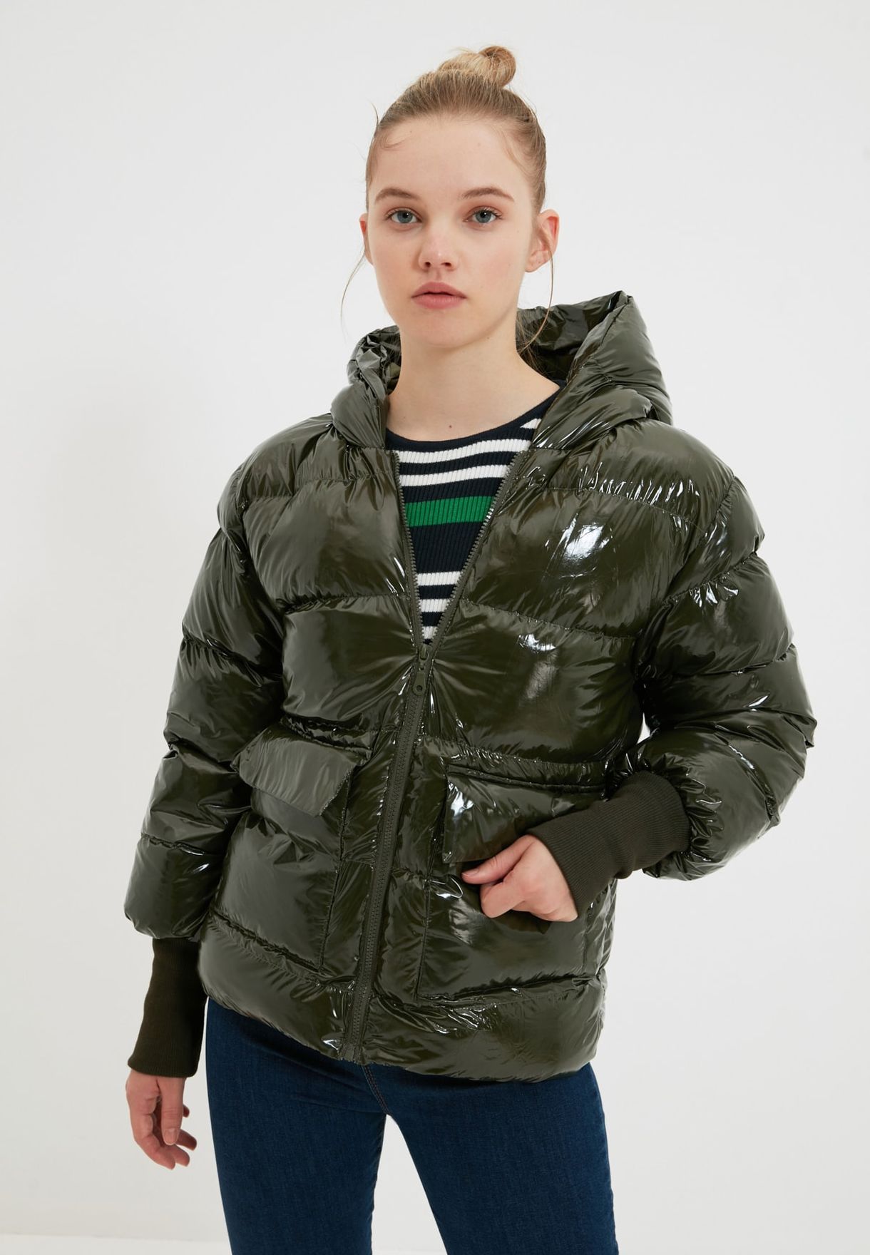 green hooded puffer jacket