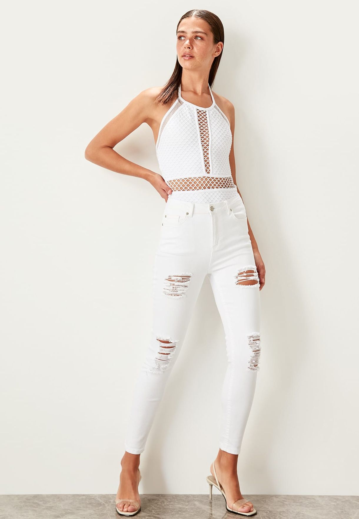 white high waisted ripped skinny jeans