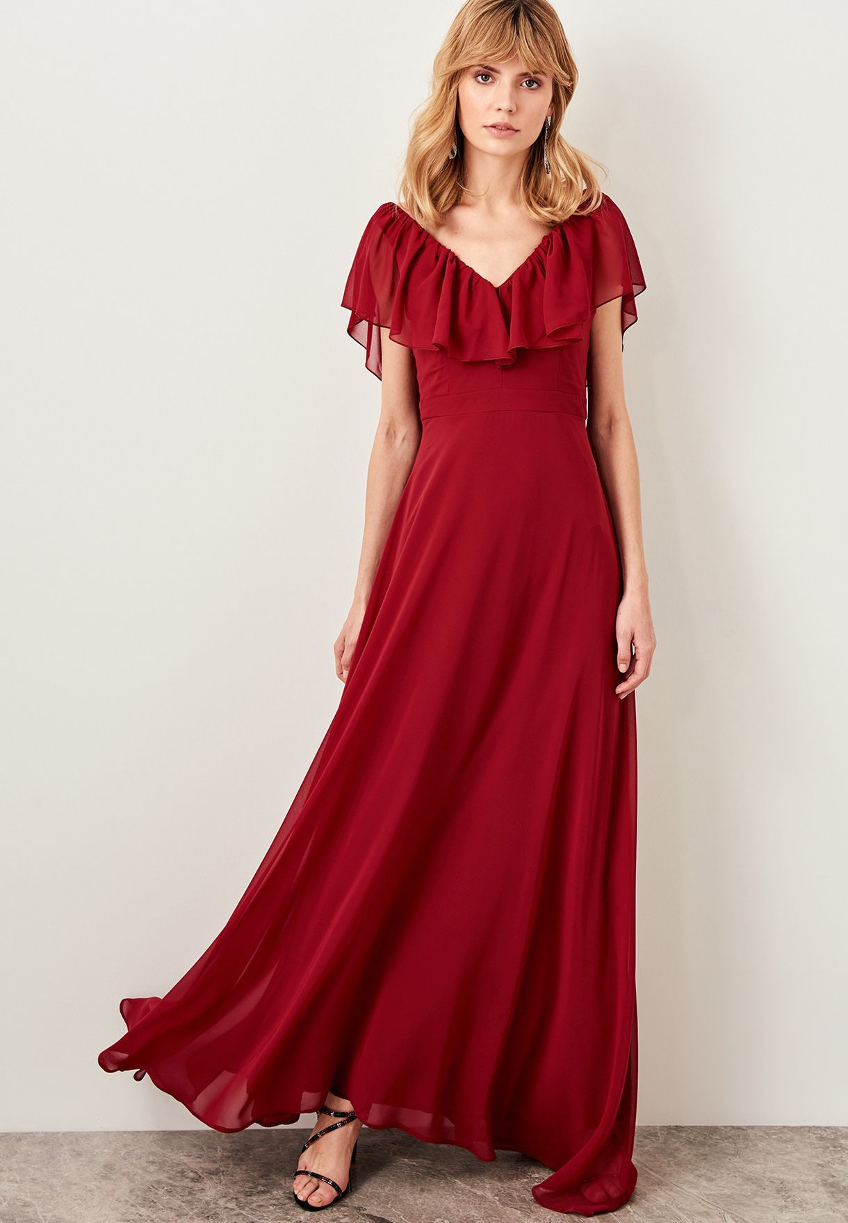 Trendyol red Ruffle Sleeve Maxi Dress ...