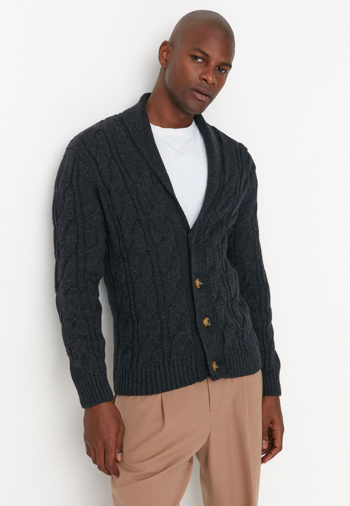 Cable Knit Shawl Neck Cardigan