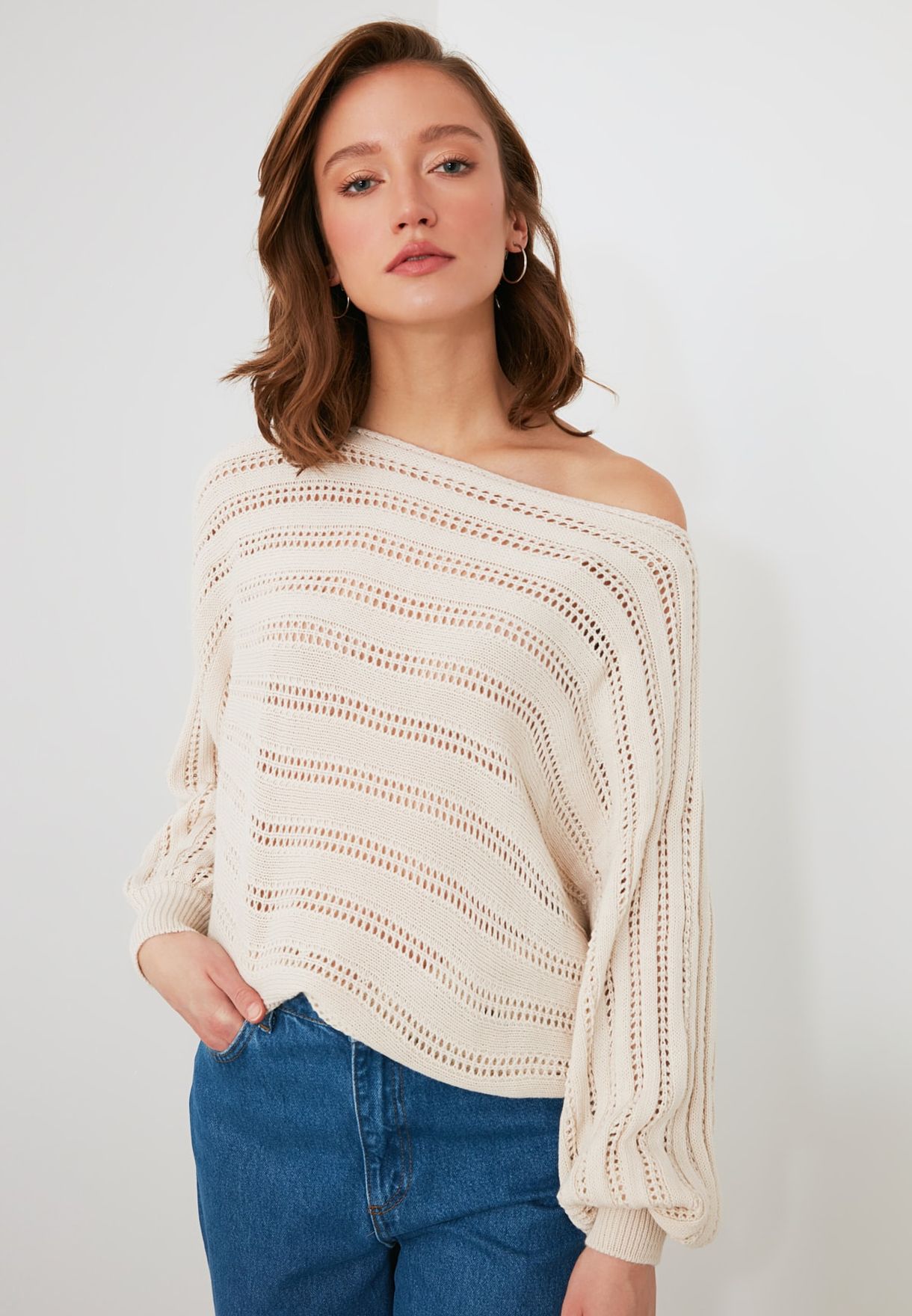 Buy Trendyol beige Boat Neck Knitted Sweater for Women in MENA, Worldwide