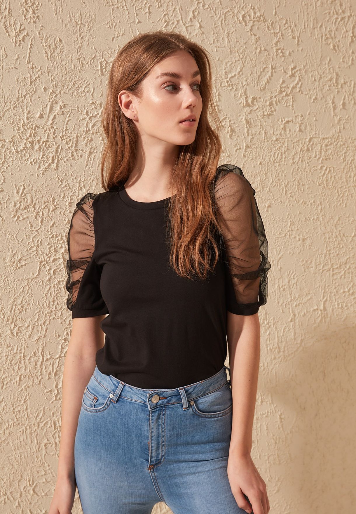 mesh puff sleeve blouse