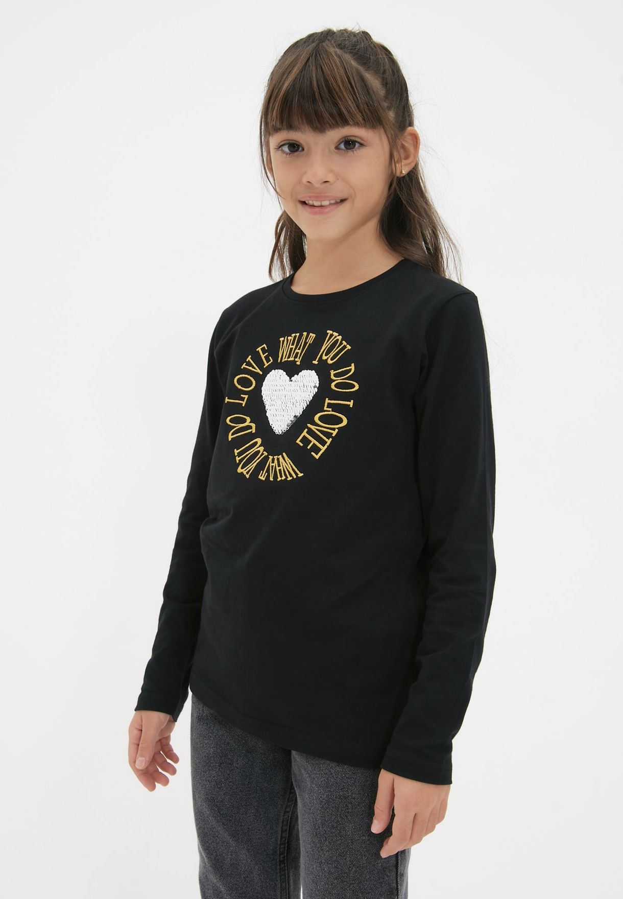 Kids Sequined Heart Slogan T-Shirt
