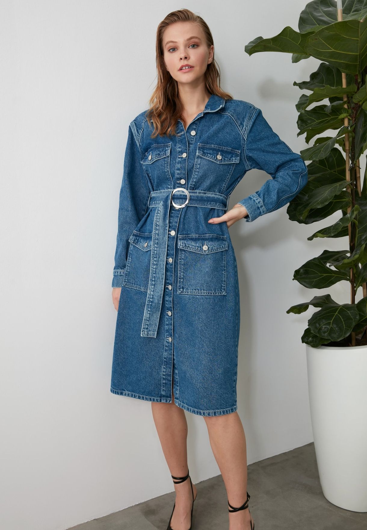 Buy Trendyol blue Denim Button Down Dress for Women in Dubai, Abu Dhabi