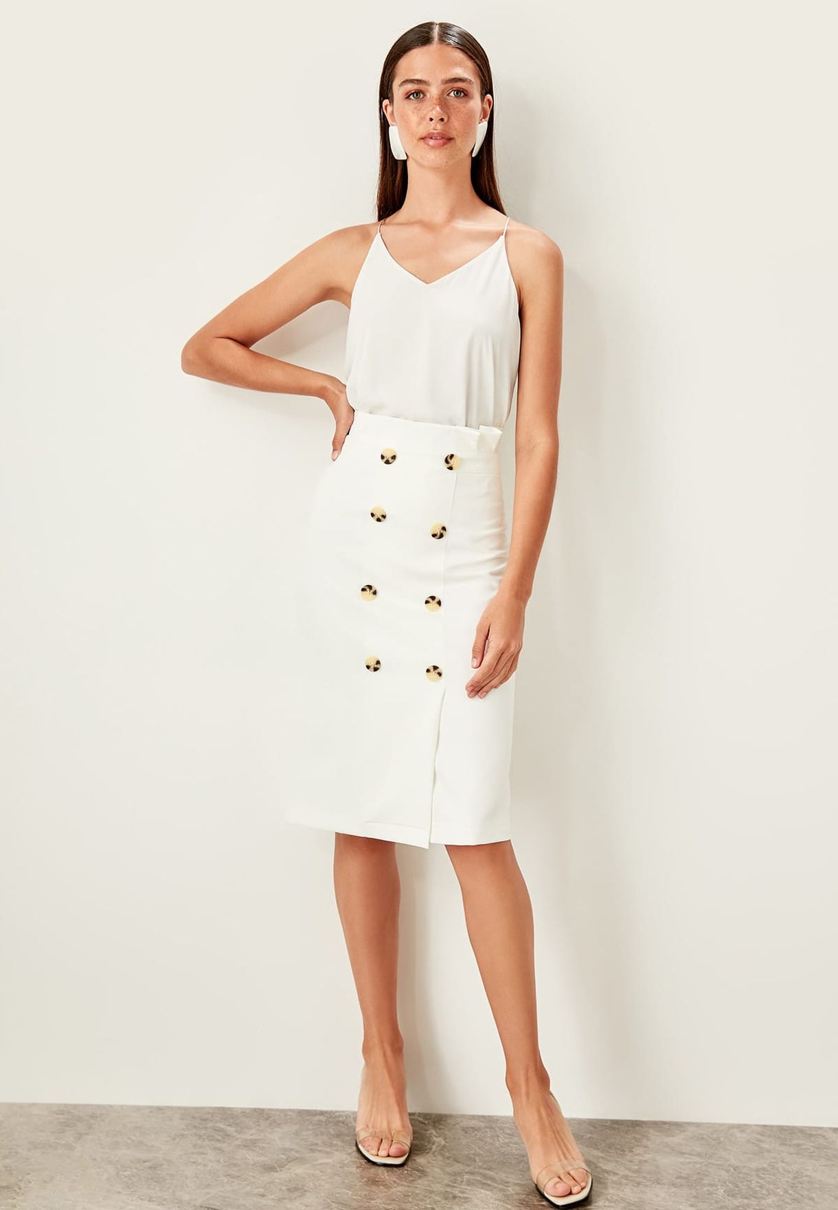 white bodycon midi skirt