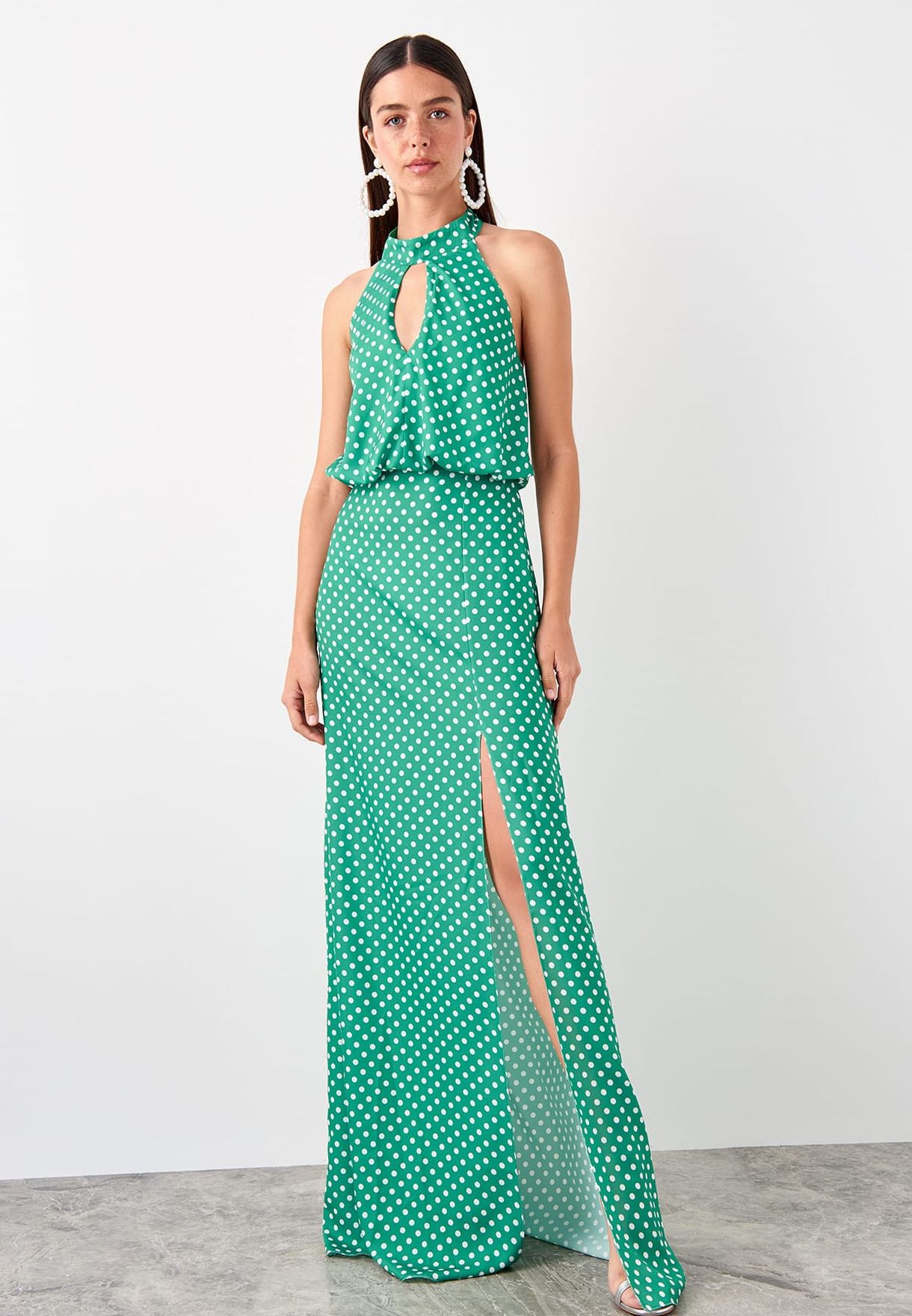 green polka dot halter neck dress