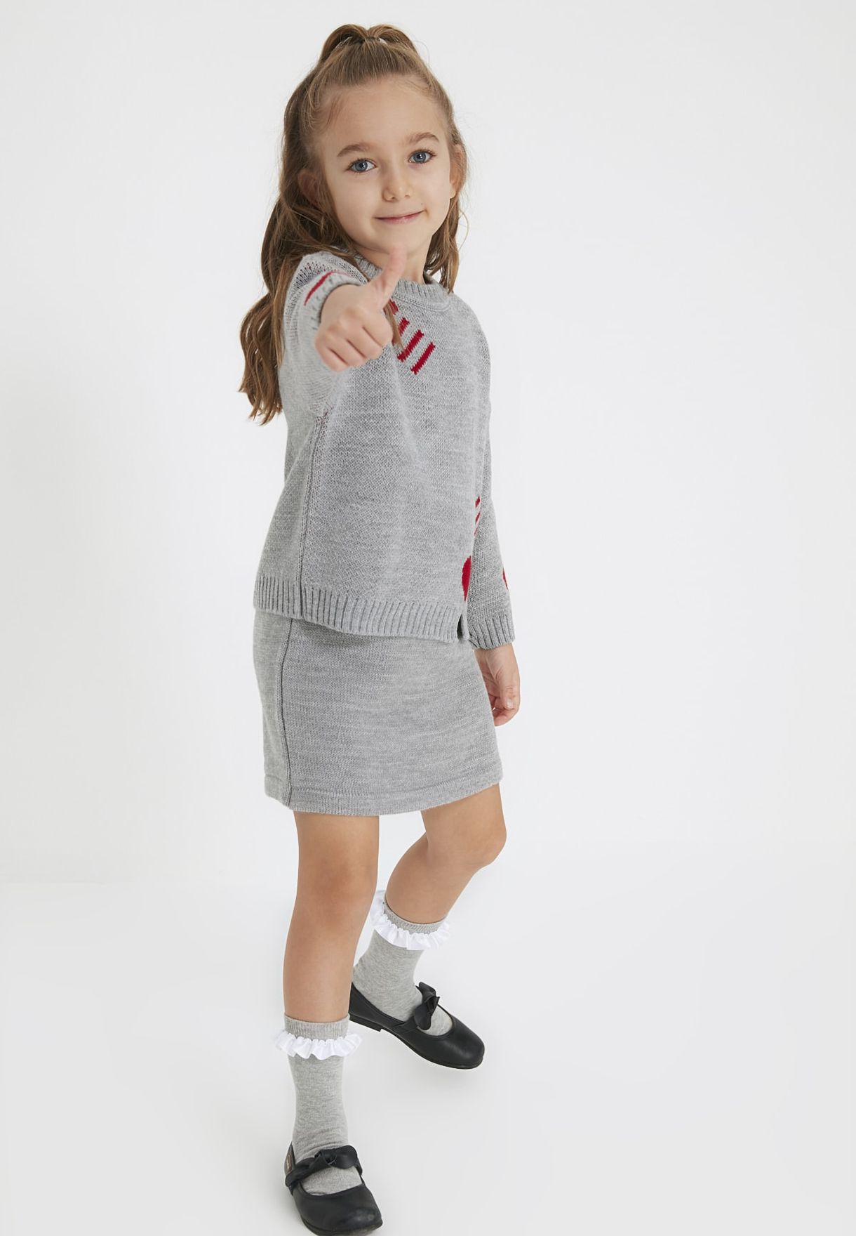 Kids Heart Detail Knitted Sweater & Skirt Set