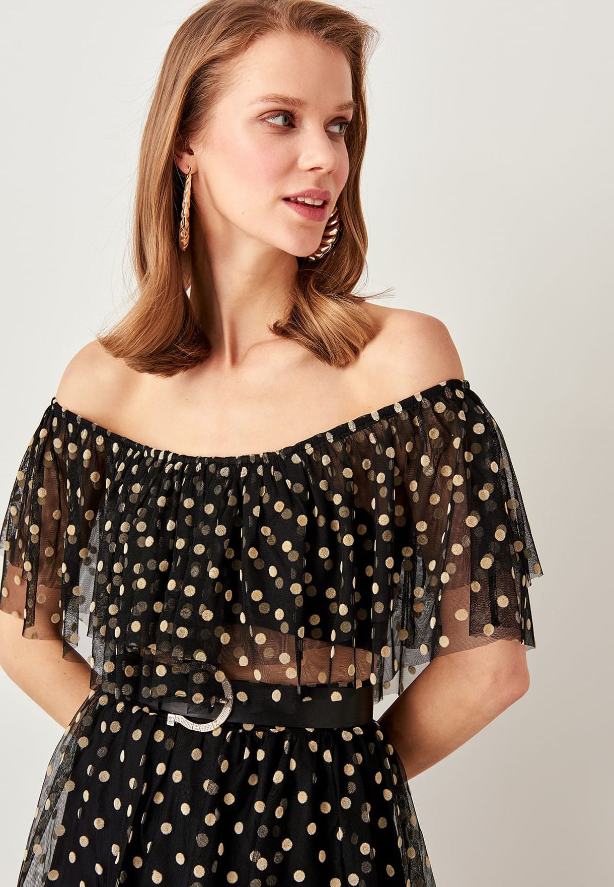 bardot polka dot top