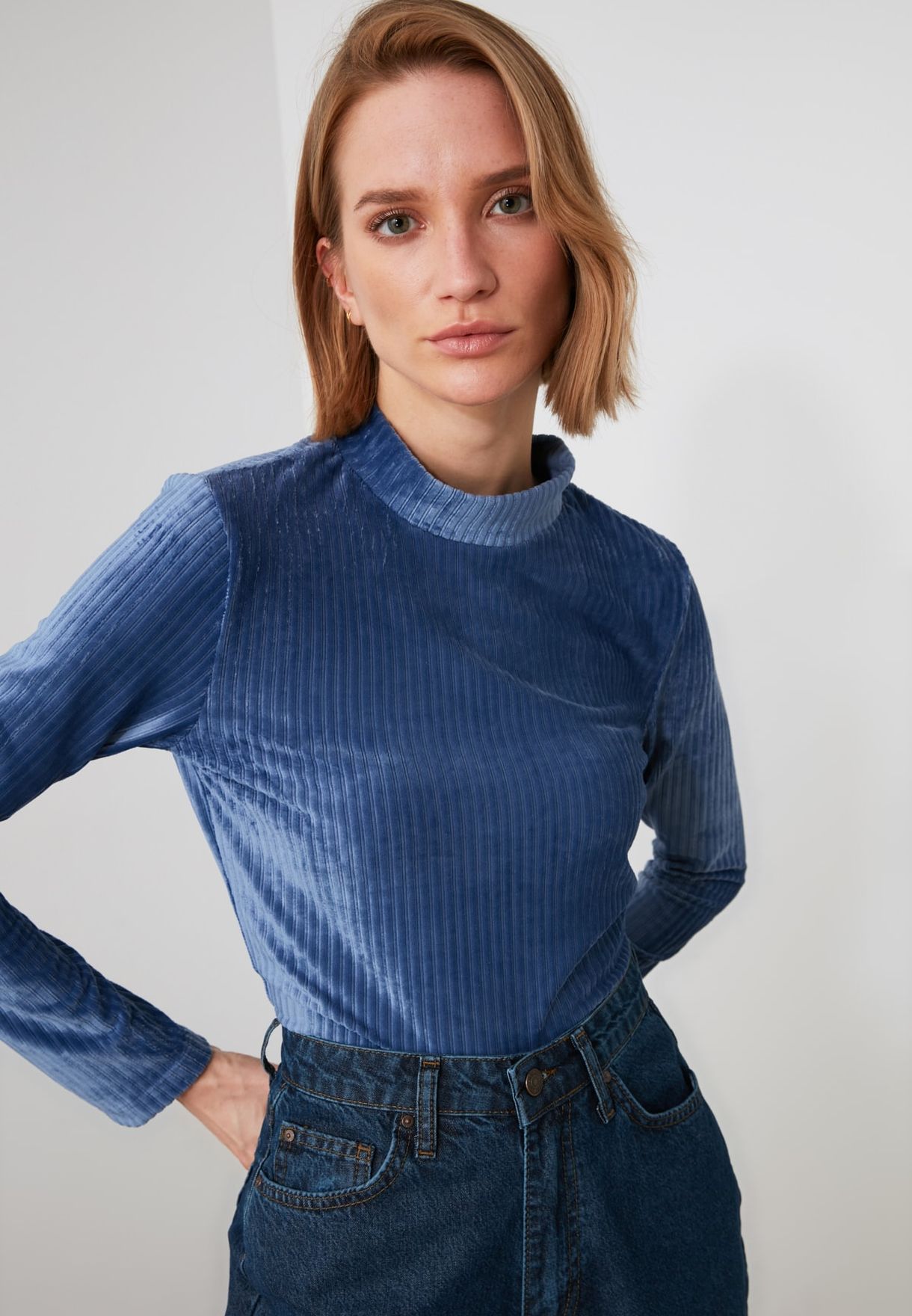 blue velvet turtleneck