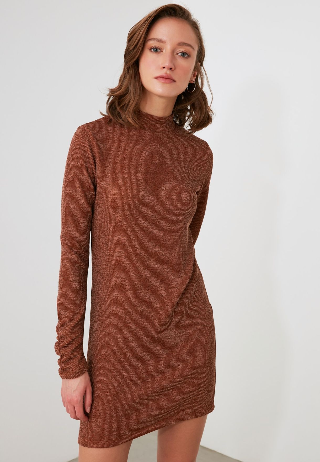 Buy Trendyol brown High Neck Knitted Dress for Women in Dubai, Abu Dhabi