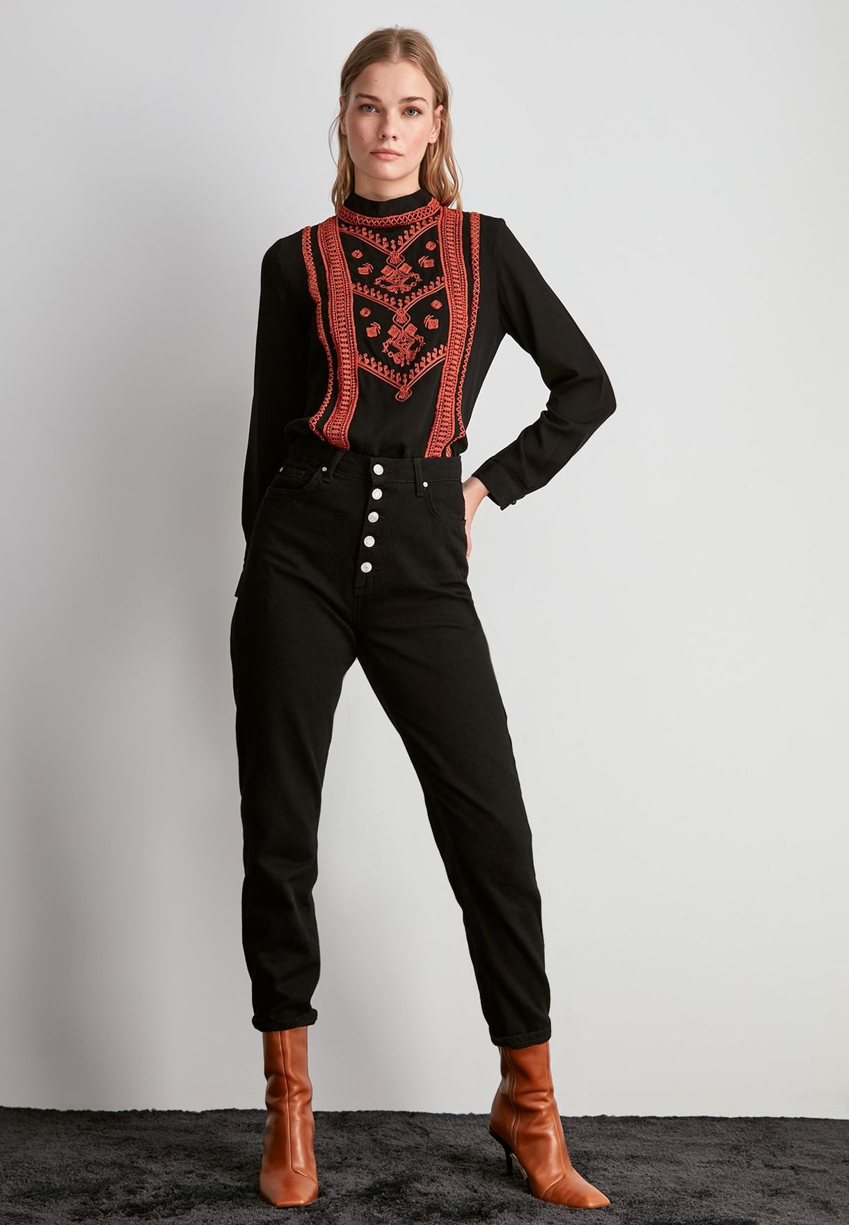 high neck embroidered top