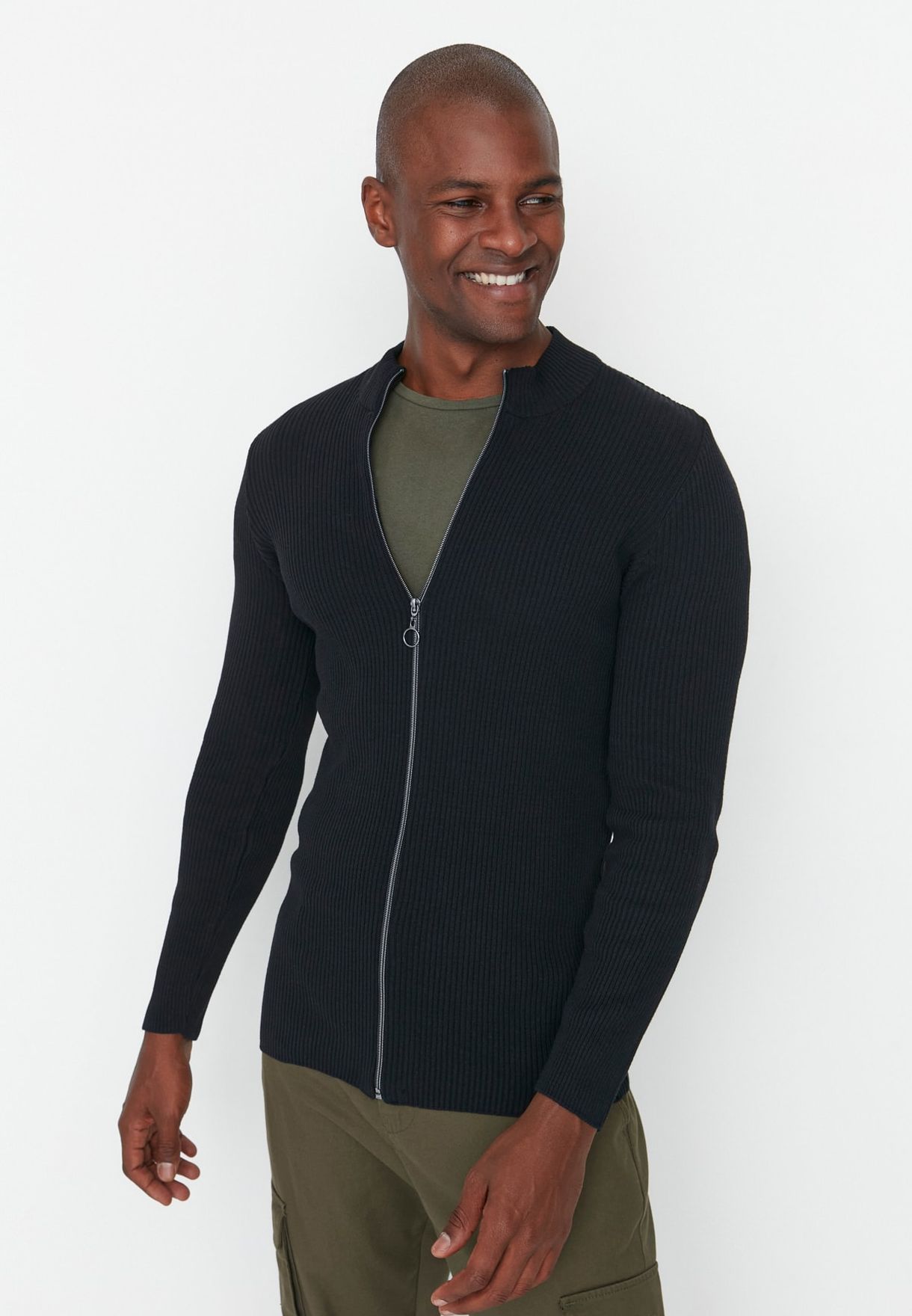 mens black zip through cardigan