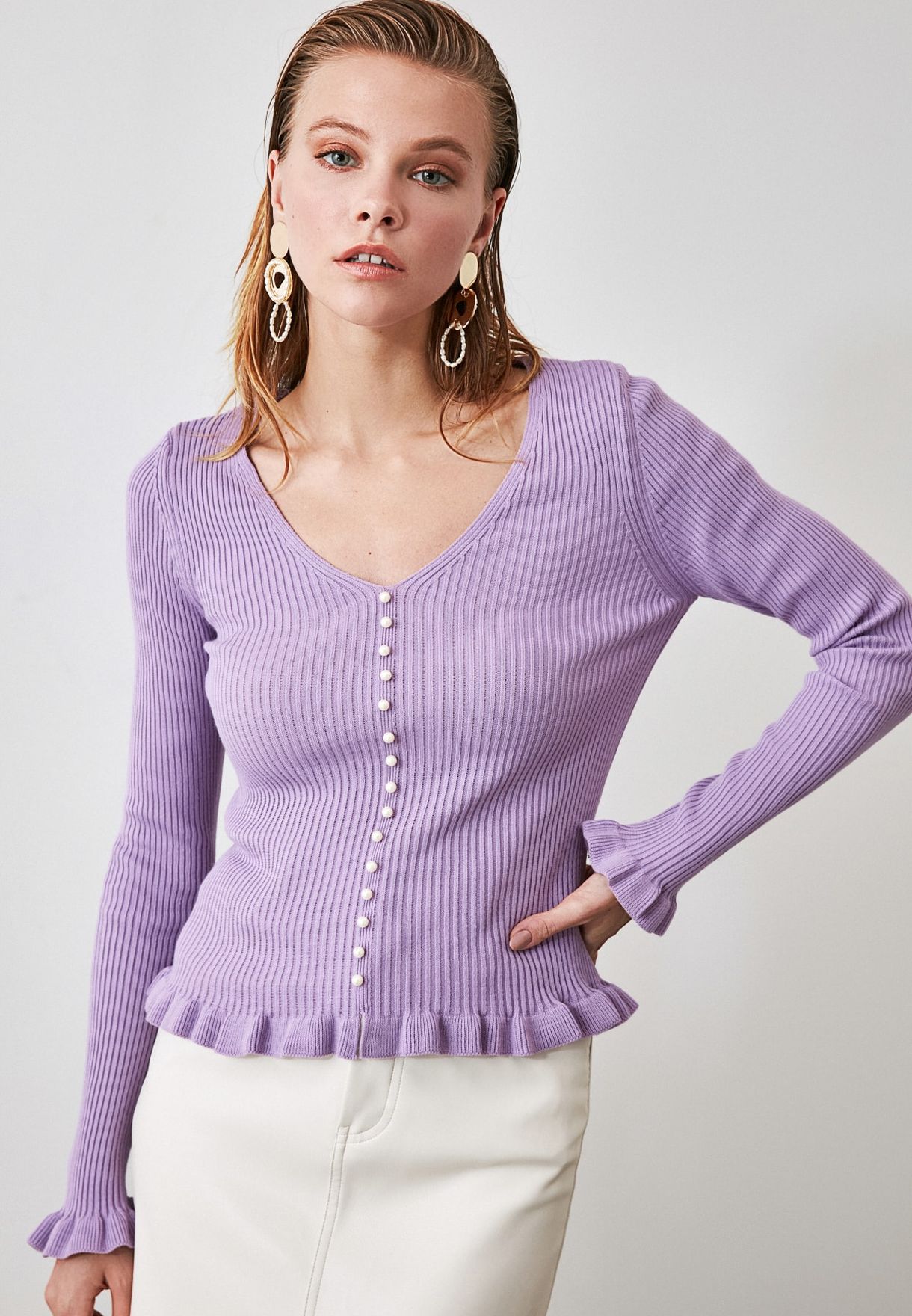 purple ribbed sweater