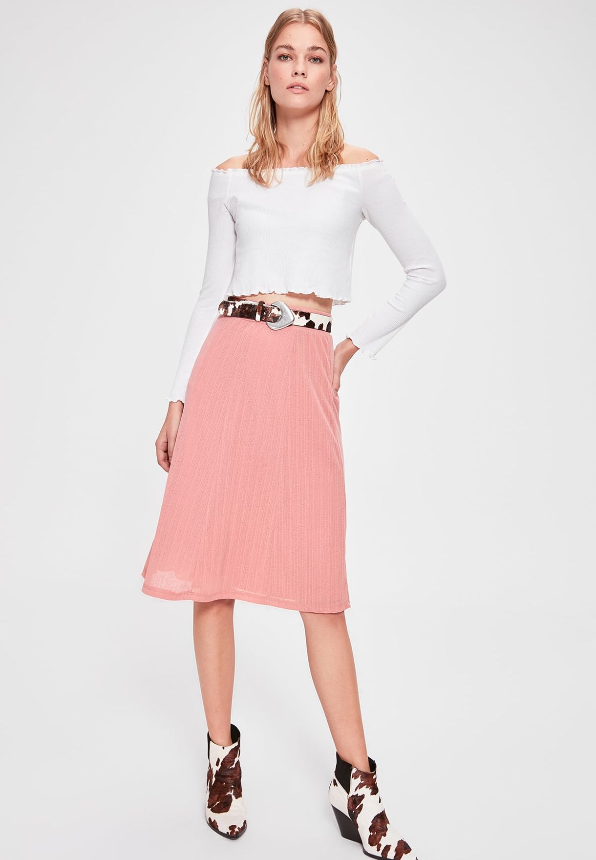 pink ribbed midi skirt