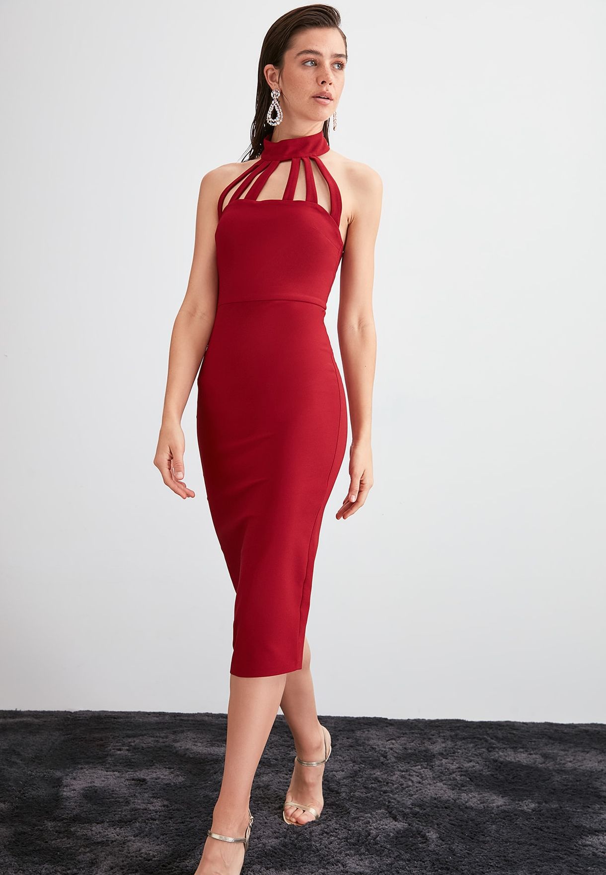 red halter neck bodycon dress