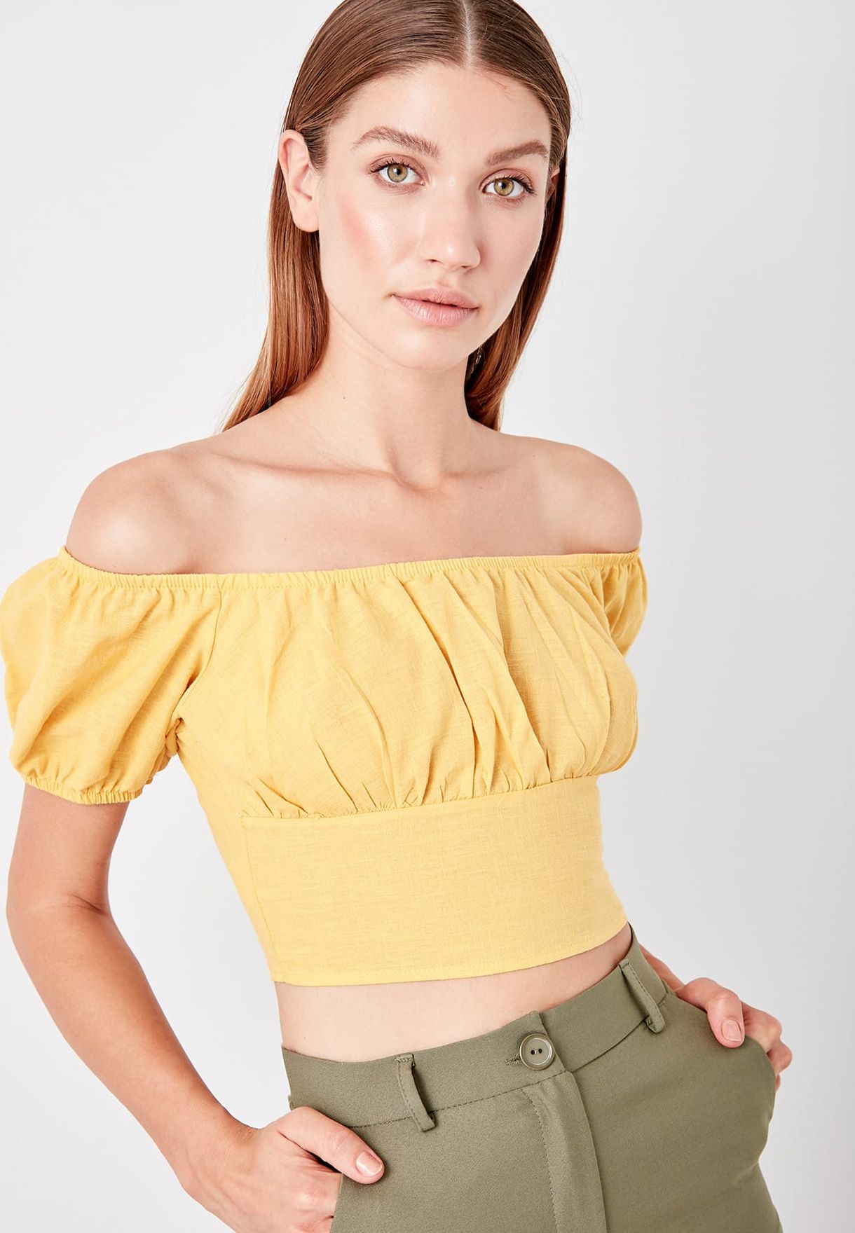 yellow bardot crop top