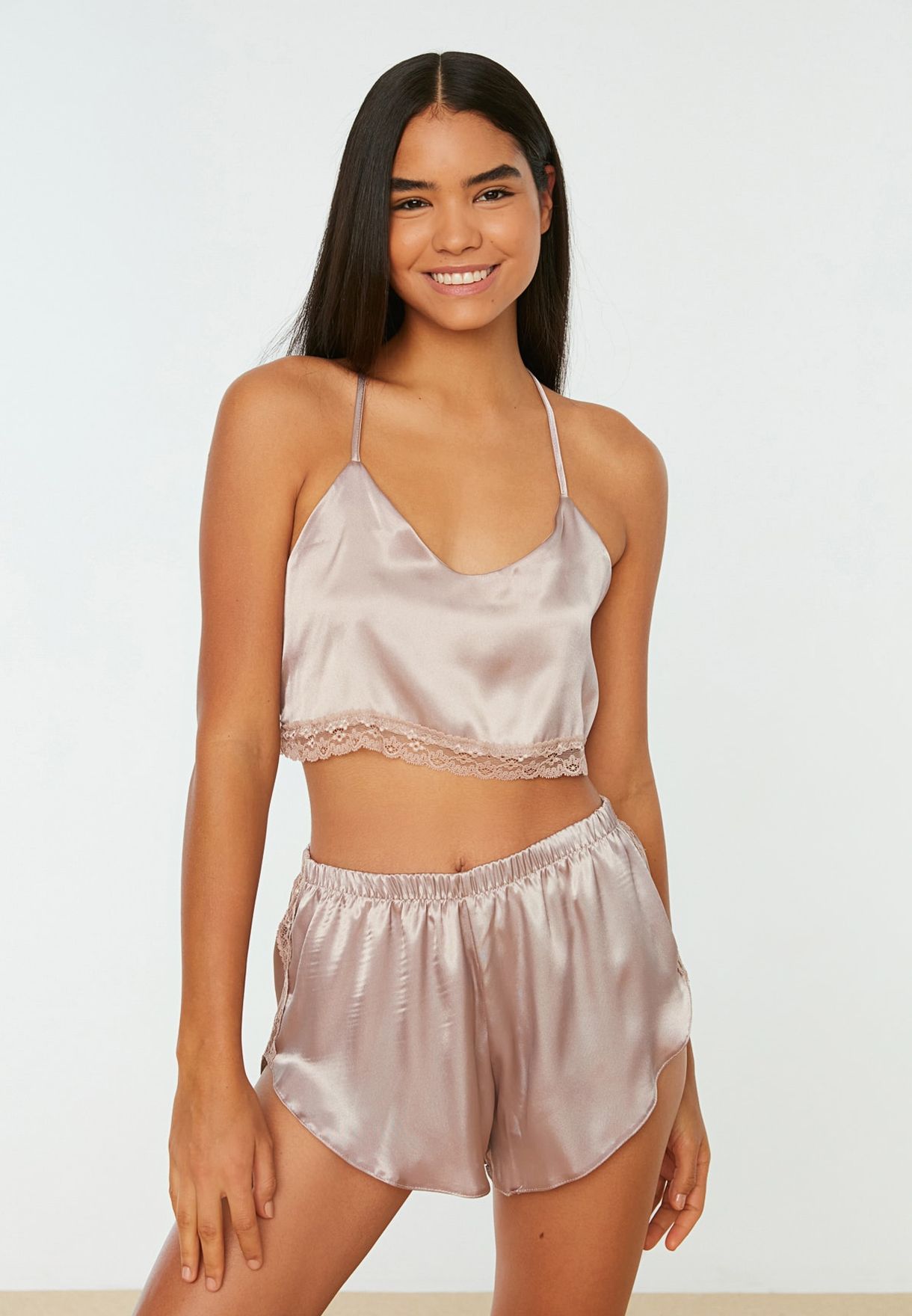 Lace Detail Crop Top & Shorts Set