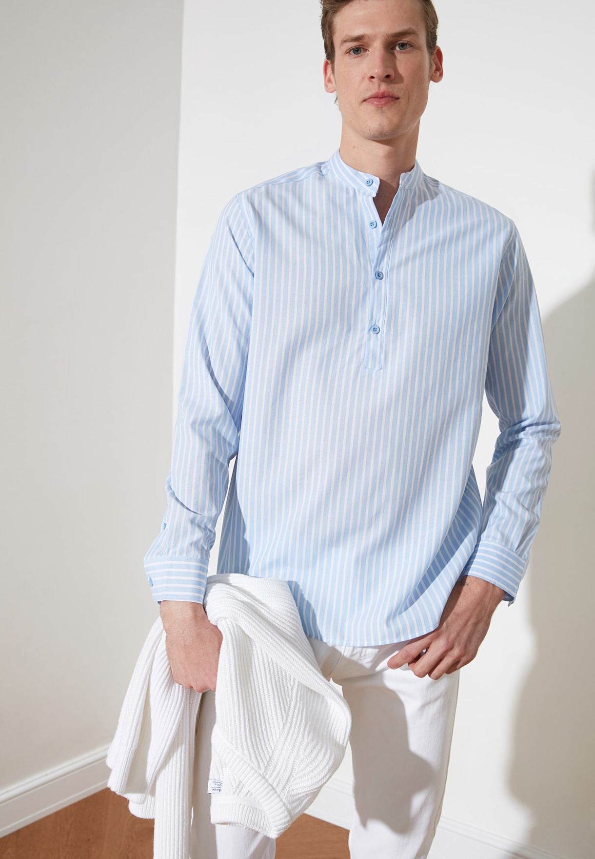 Buy Trendyol blue Striped Grandad Collar Regular Fit Shirt for Men in ...