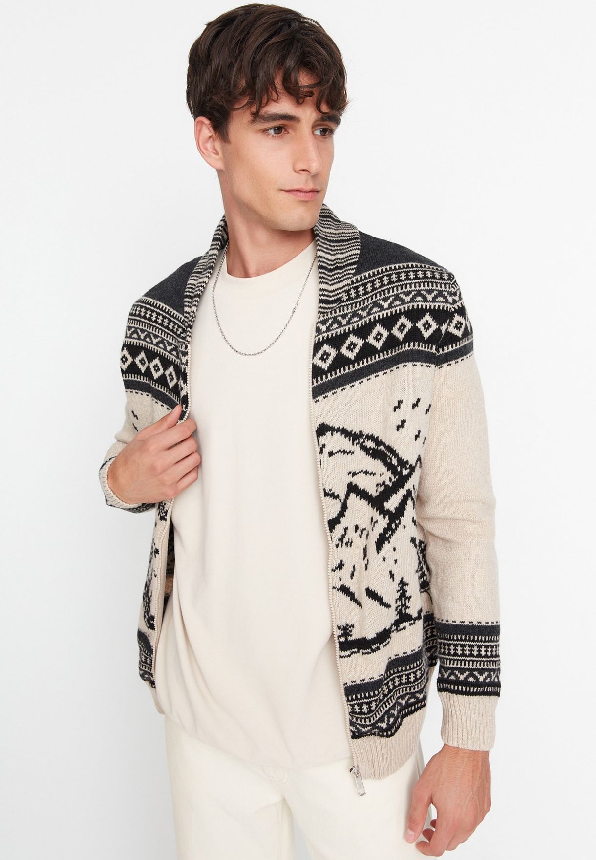 Printed Knitted V-Neck Cardigan