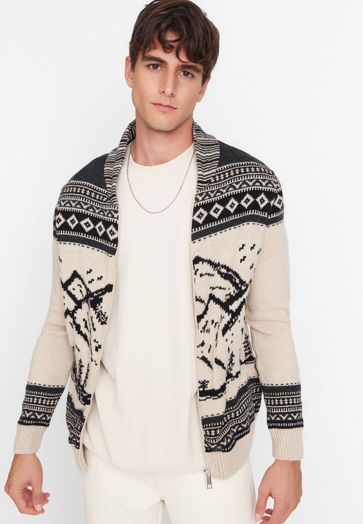 Printed Knitted V-Neck Cardigan