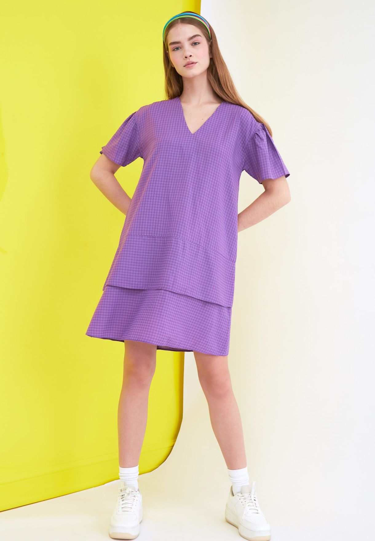 purple checked dress