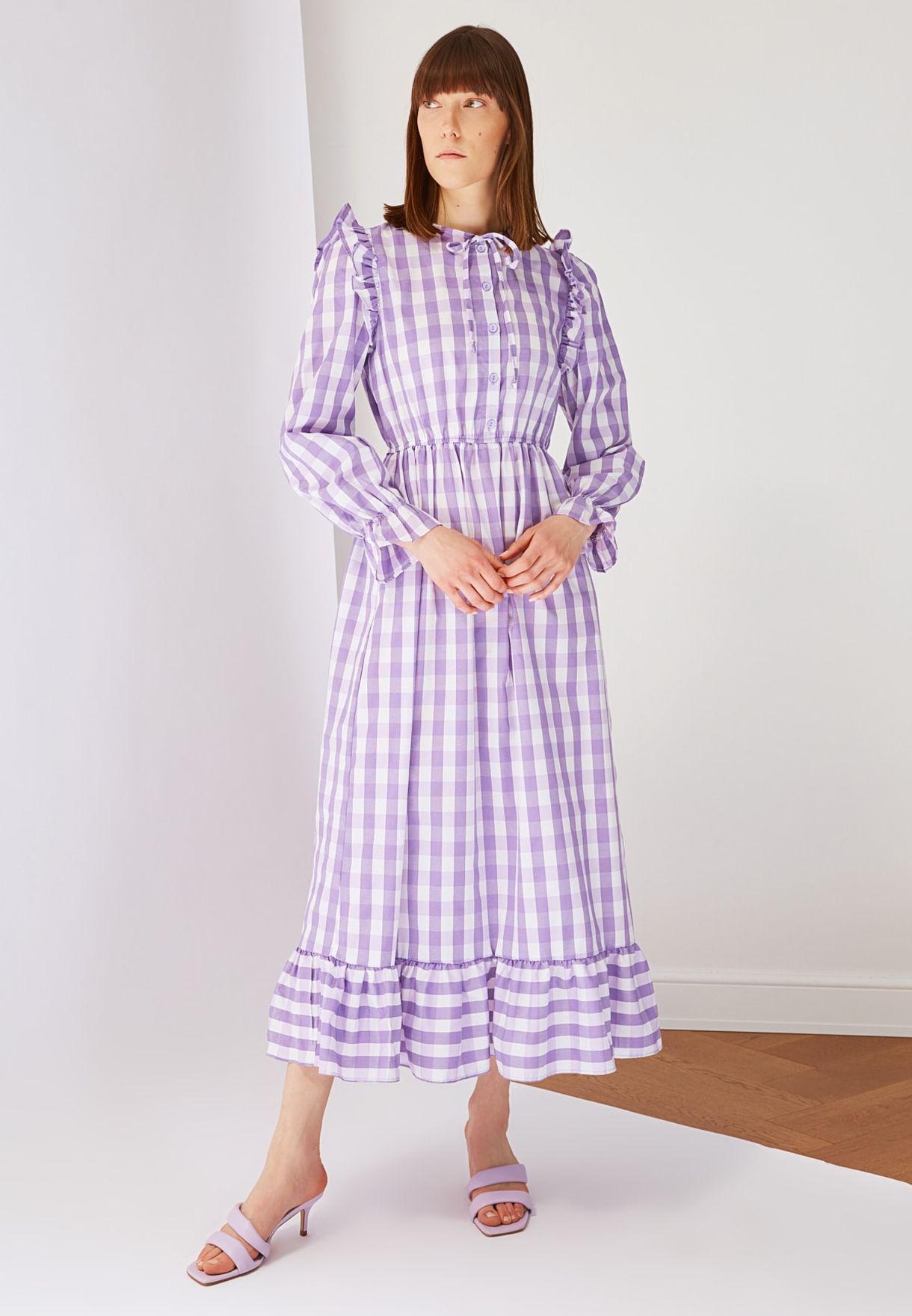 purple checked dress