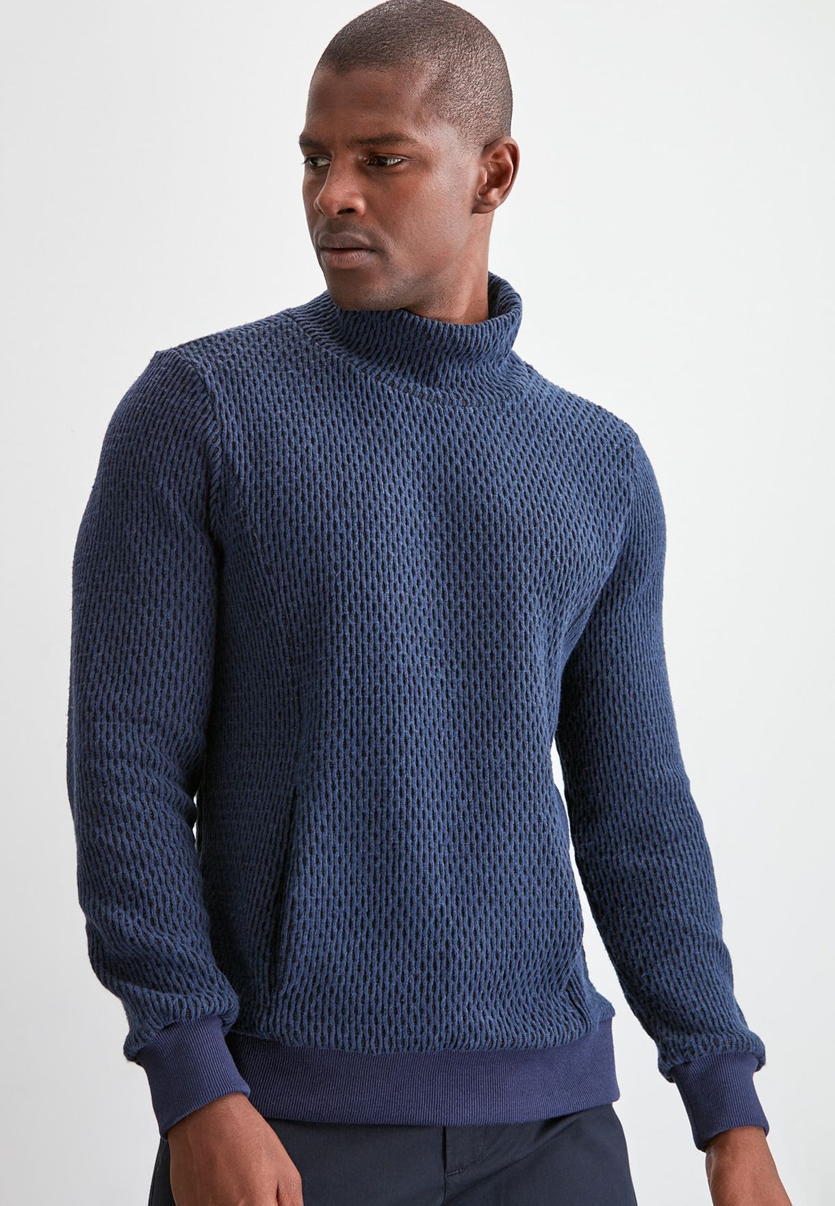 Buy Trendyol Blue Knitted Turtle Neck Sweater For Men In Mena Worldwide Tmnaw20kz1242