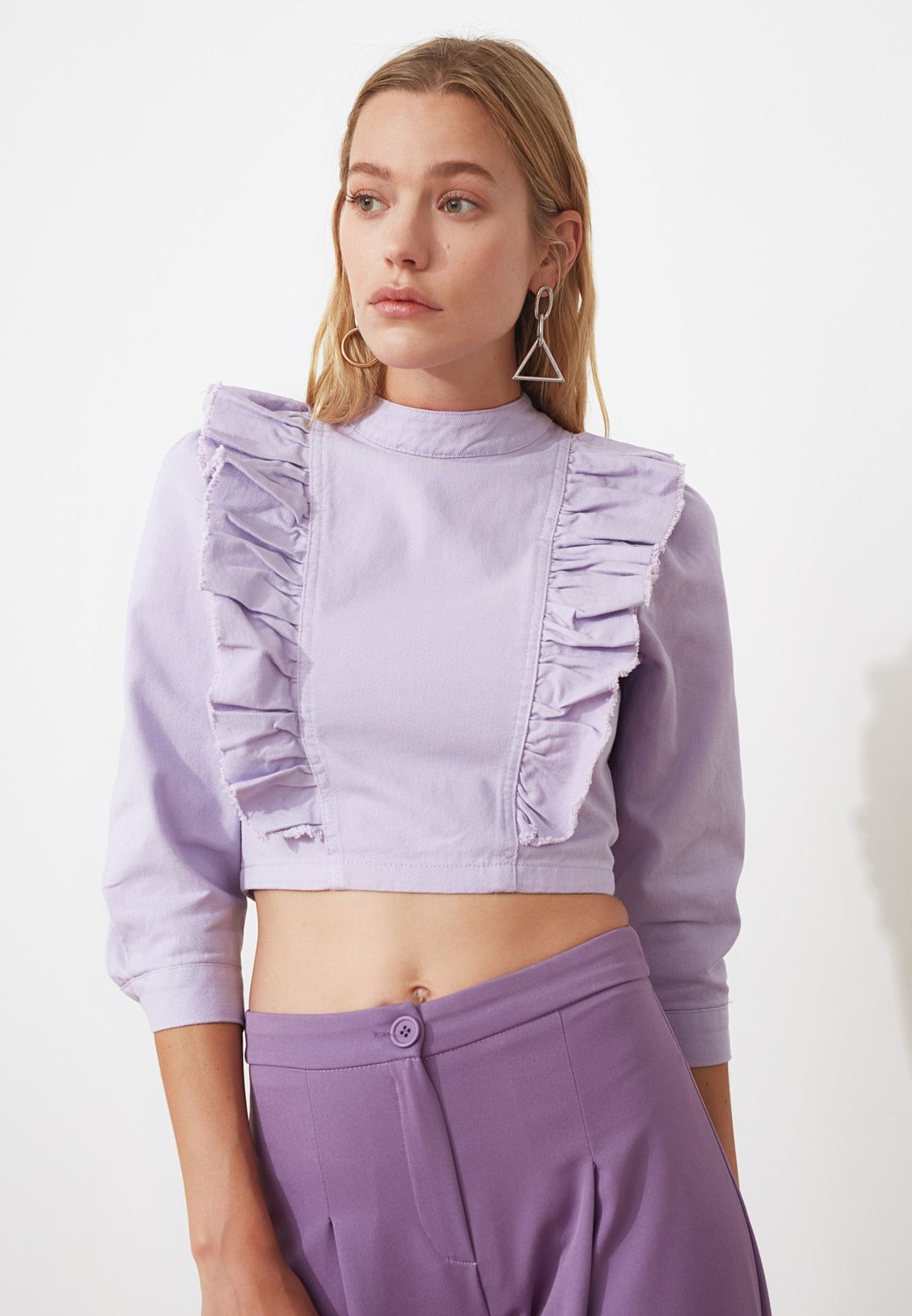 purple ruffle shirt